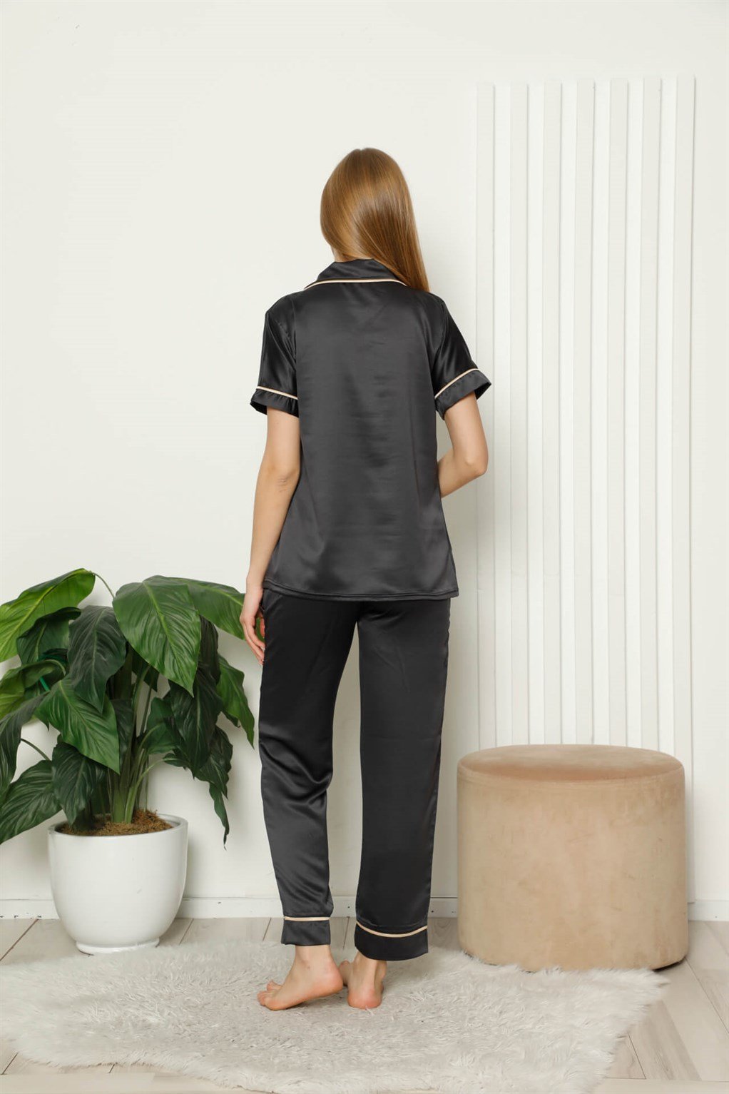 Akbeniz Kadın Saten Önden Düğmeli Kısa Kol Pijama Takım 10204