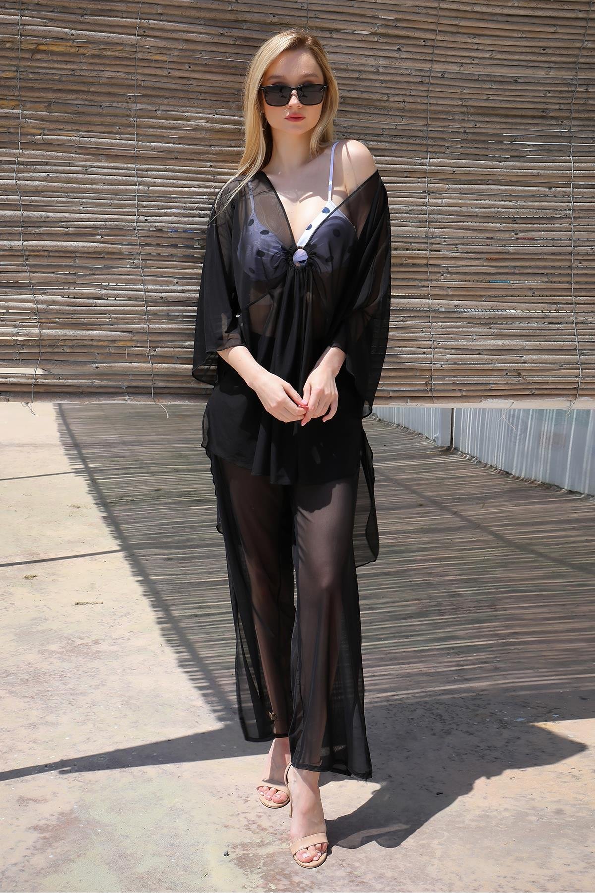 Akbeniz Kadın Şık Tek Üst Siyah Pareo 38051