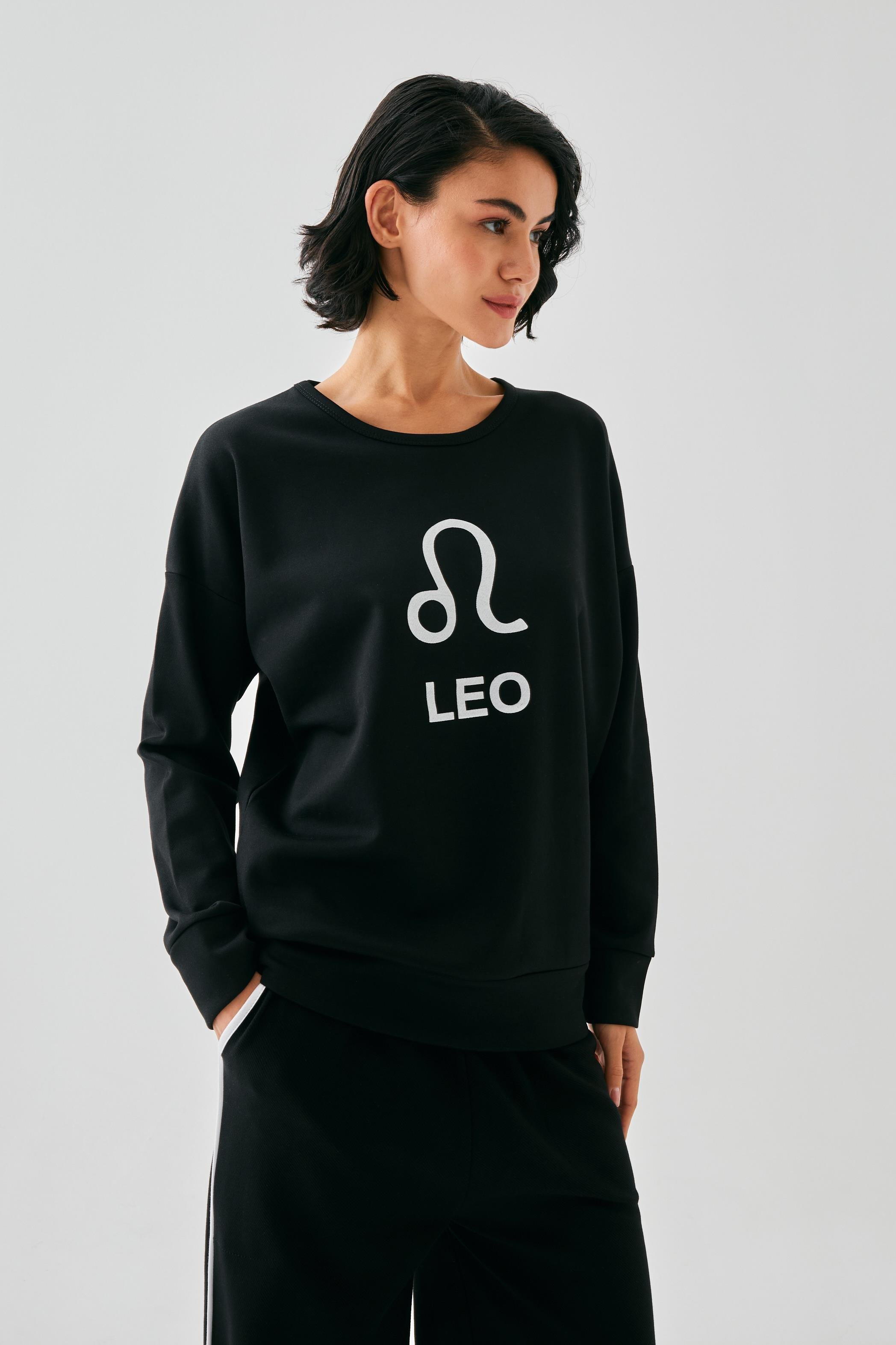 Akbeniz Kadın Siyah Aslan Burcu Oversize 2 İplik Eşofman Ev Giyim Takımı