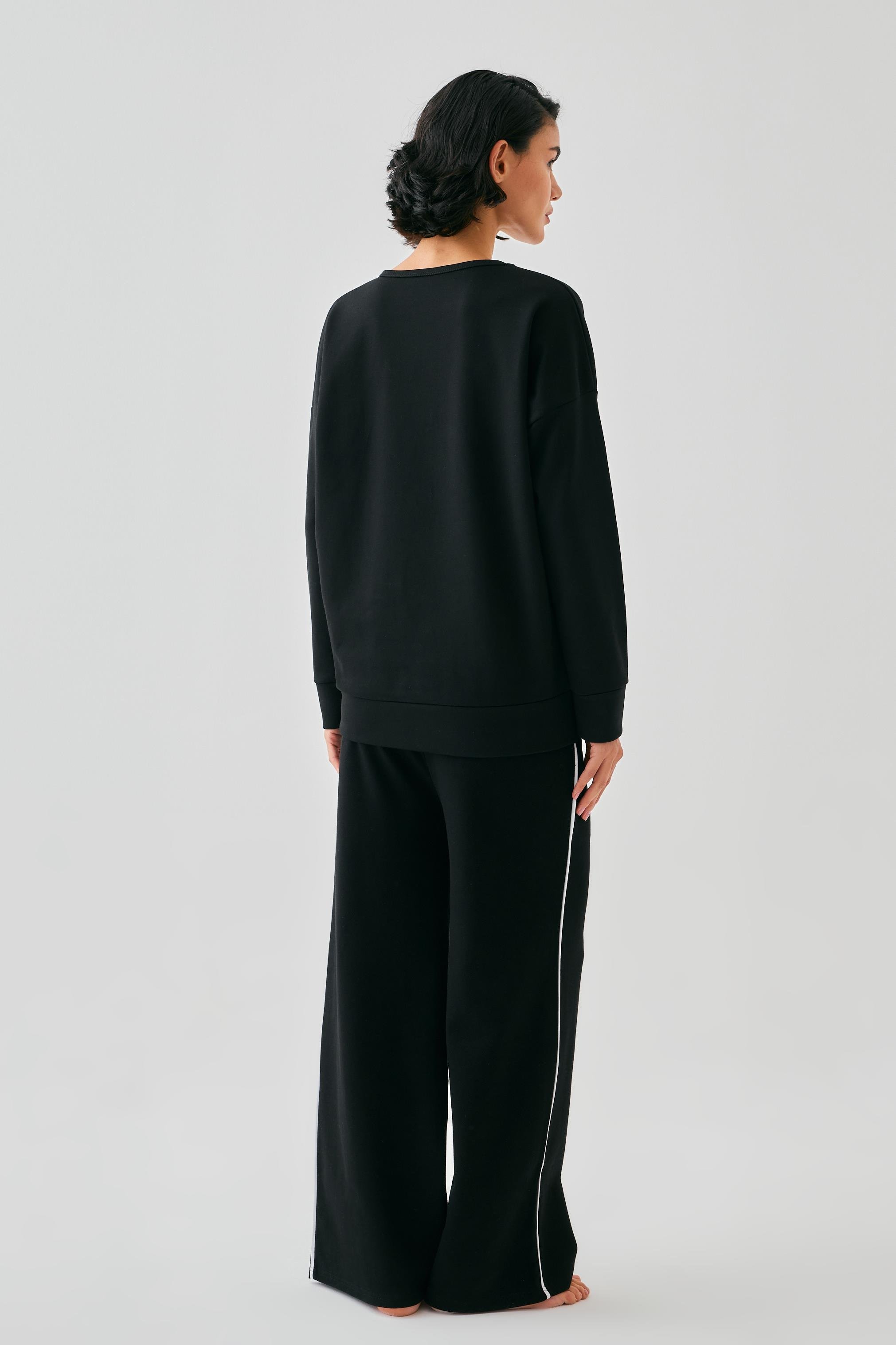 Akbeniz Kadın Siyah Aslan Burcu Oversize 2 İplik Eşofman Ev Giyim Takımı