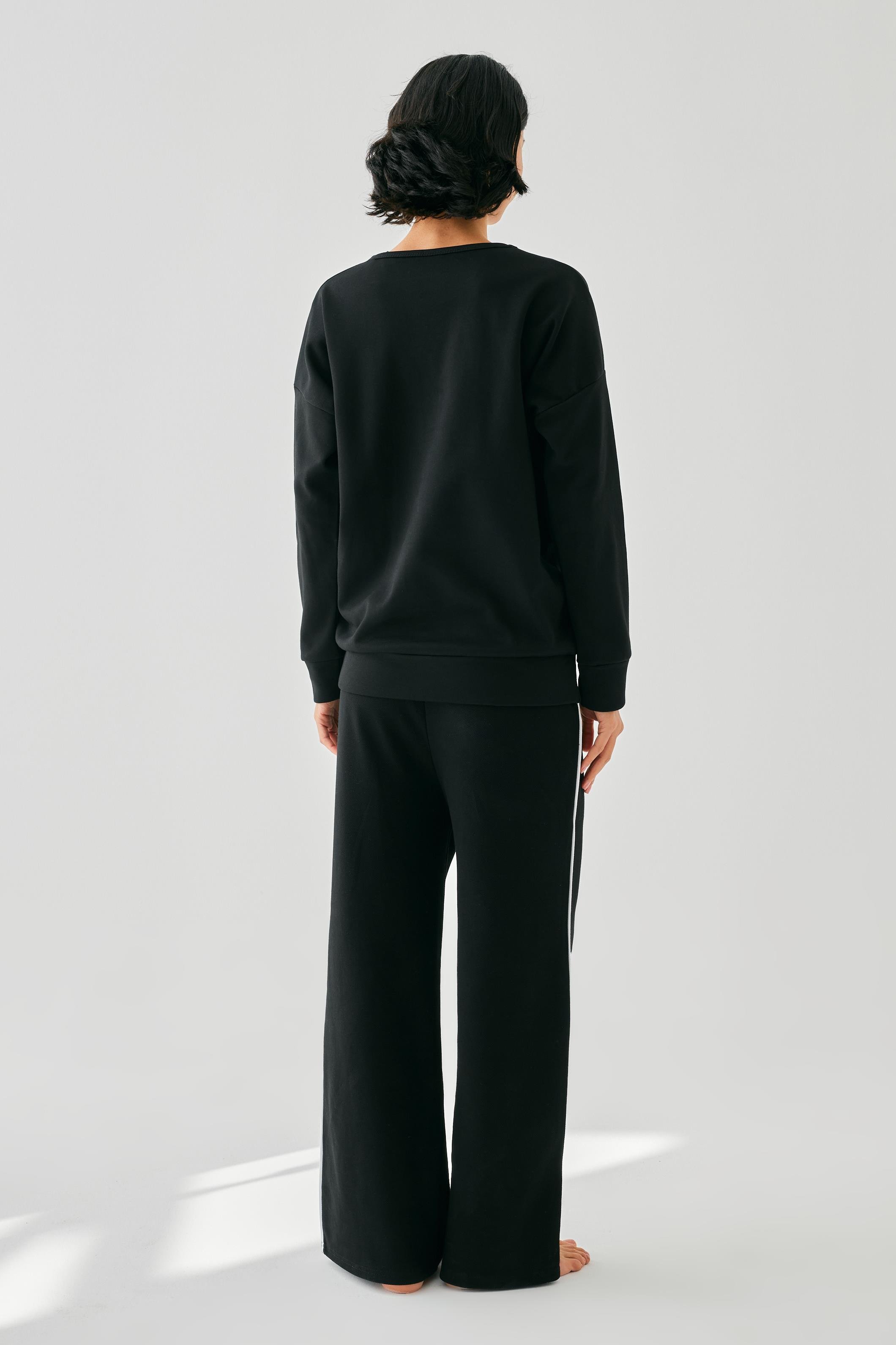 Akbeniz Kadın Siyah Balık Burcu Oversize 2 İplik Eşofman Ev Giyim Takımı