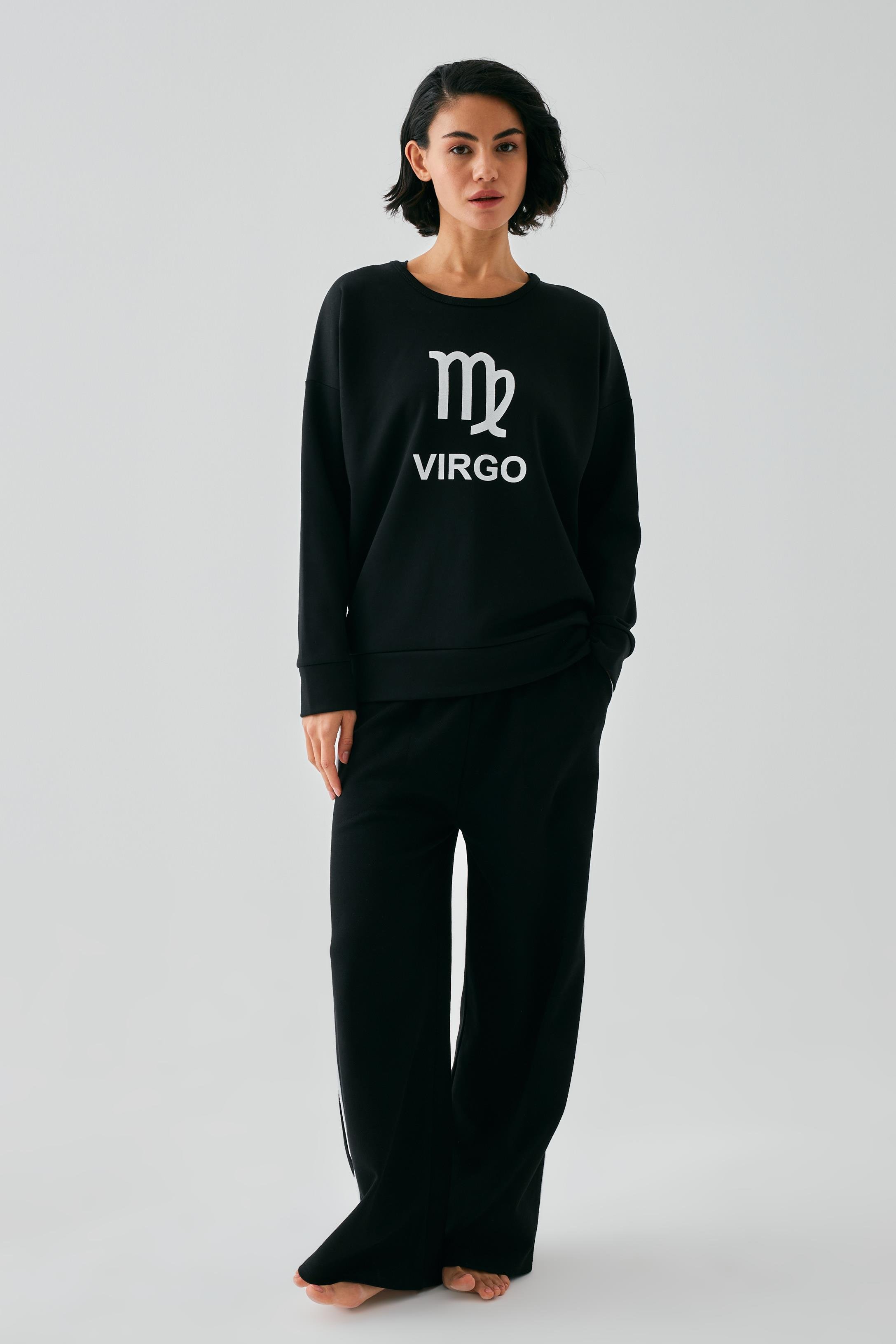 Akbeniz Kadın Siyah Başak Burcu Oversize 2 İplik Eşofman Ev Giyim Takımı