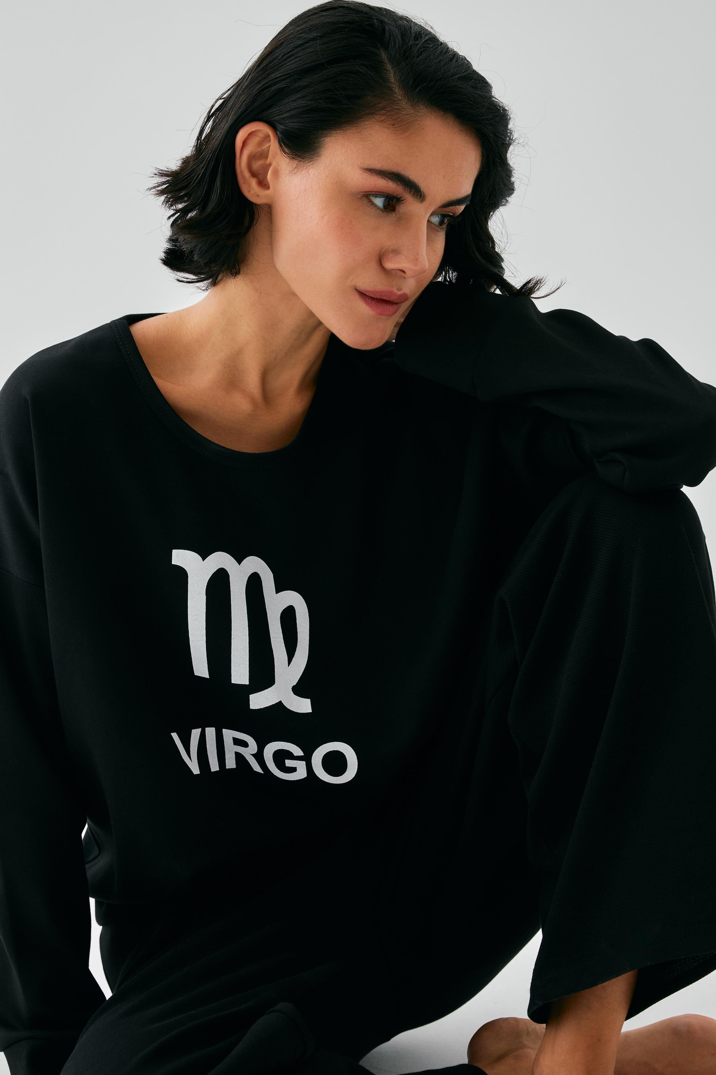 Akbeniz Kadın Siyah Başak Burcu Oversize 2 İplik Eşofman Ev Giyim Takımı