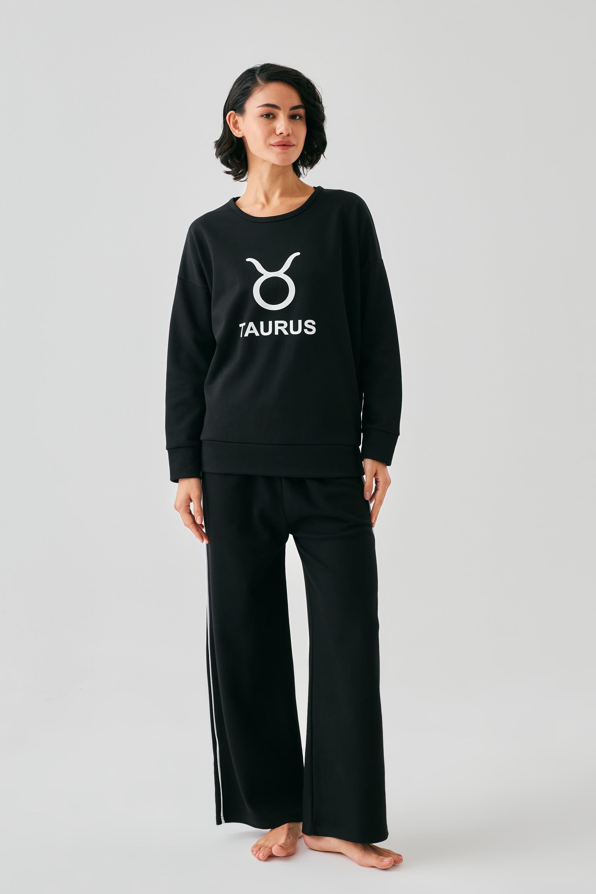 Akbeniz Kadın Siyah Boğa Burcu Oversize 2 İplik Eşofman Ev Giyim Takımı