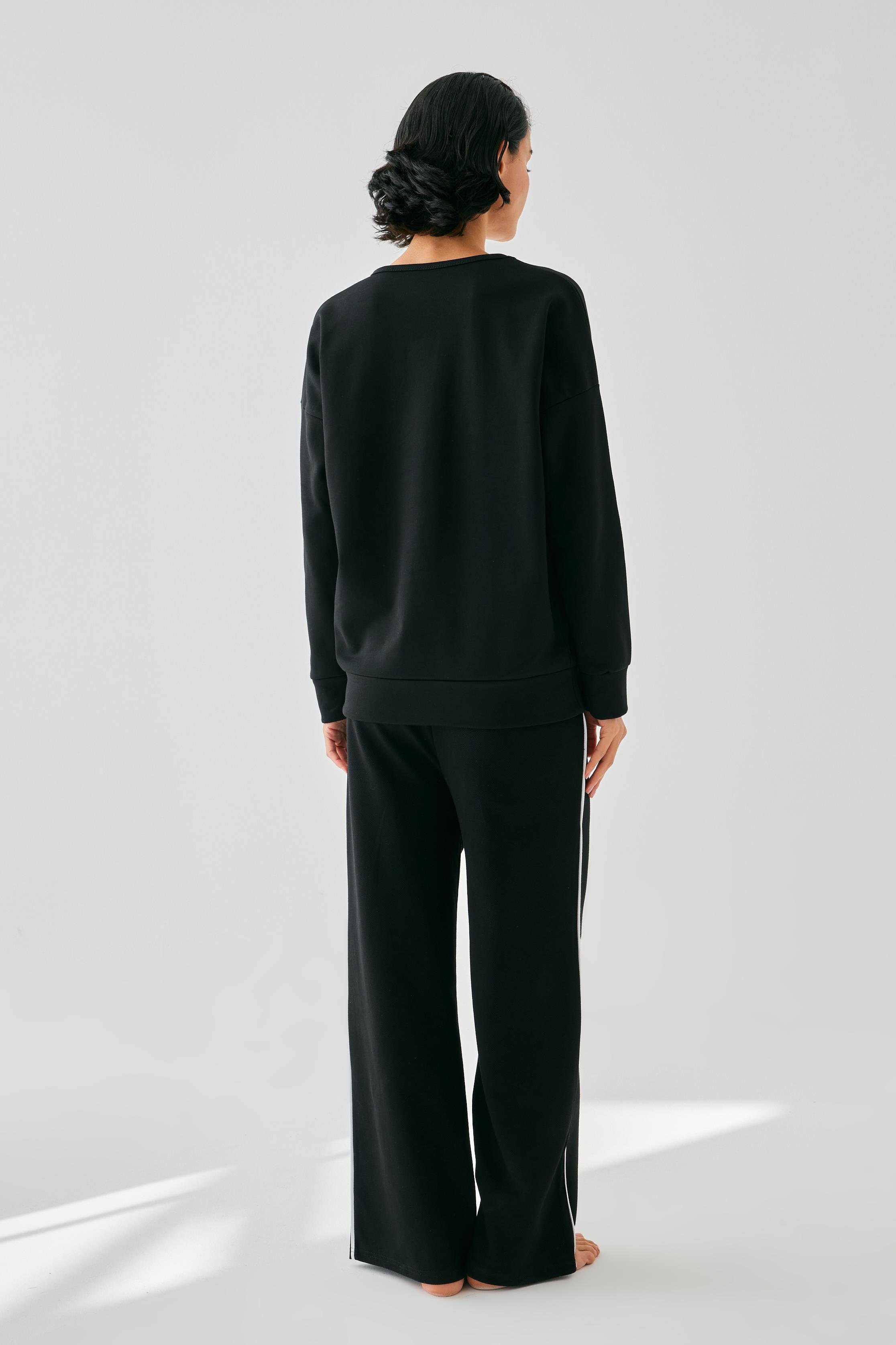 Akbeniz Kadın Siyah İkizler Burcu Oversize 2 İplik Eşofman Ev Giyim Takımı