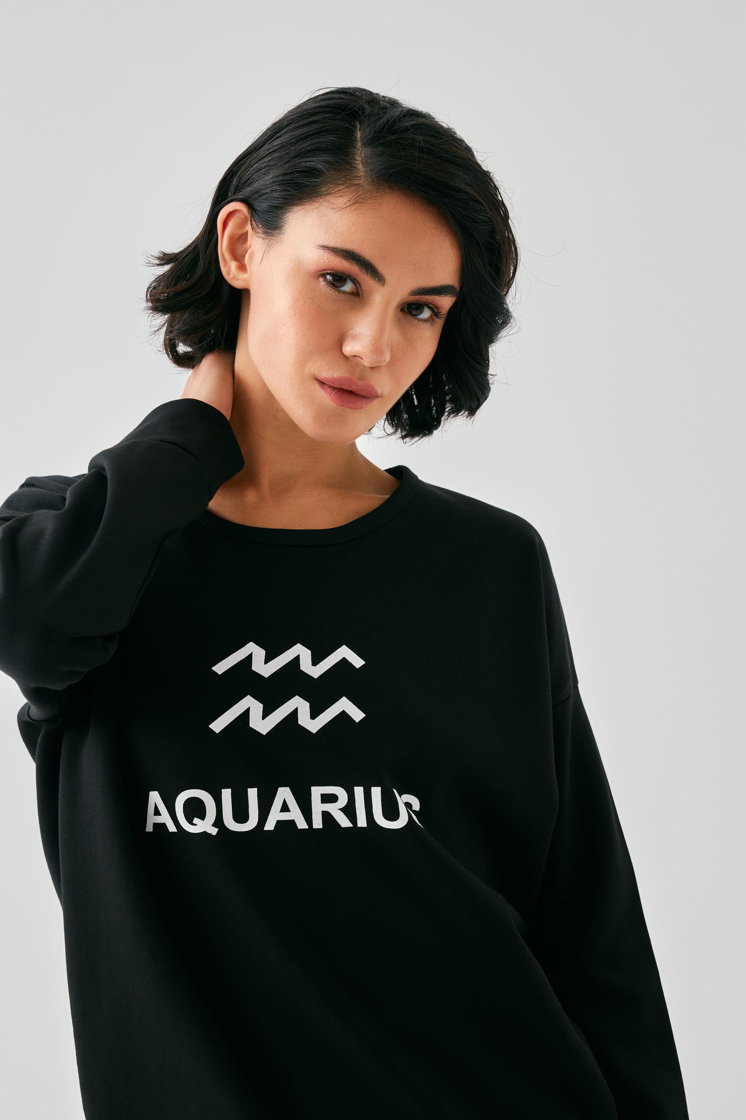 Akbeniz Kadın Siyah Kova Burcu Oversize 2 İplik Eşofman Ev Giyim Takımı