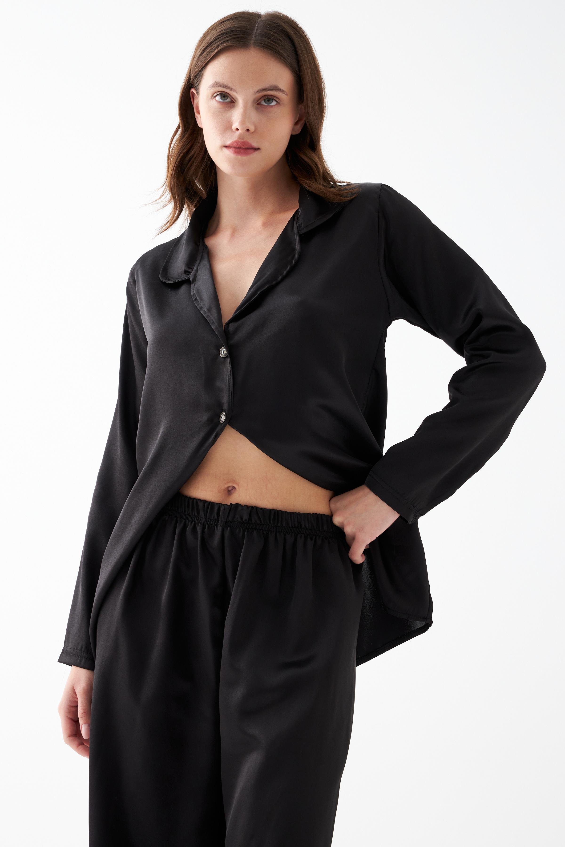 Akbeniz Kadın Siyah Oversize Saten Pijama Takımı