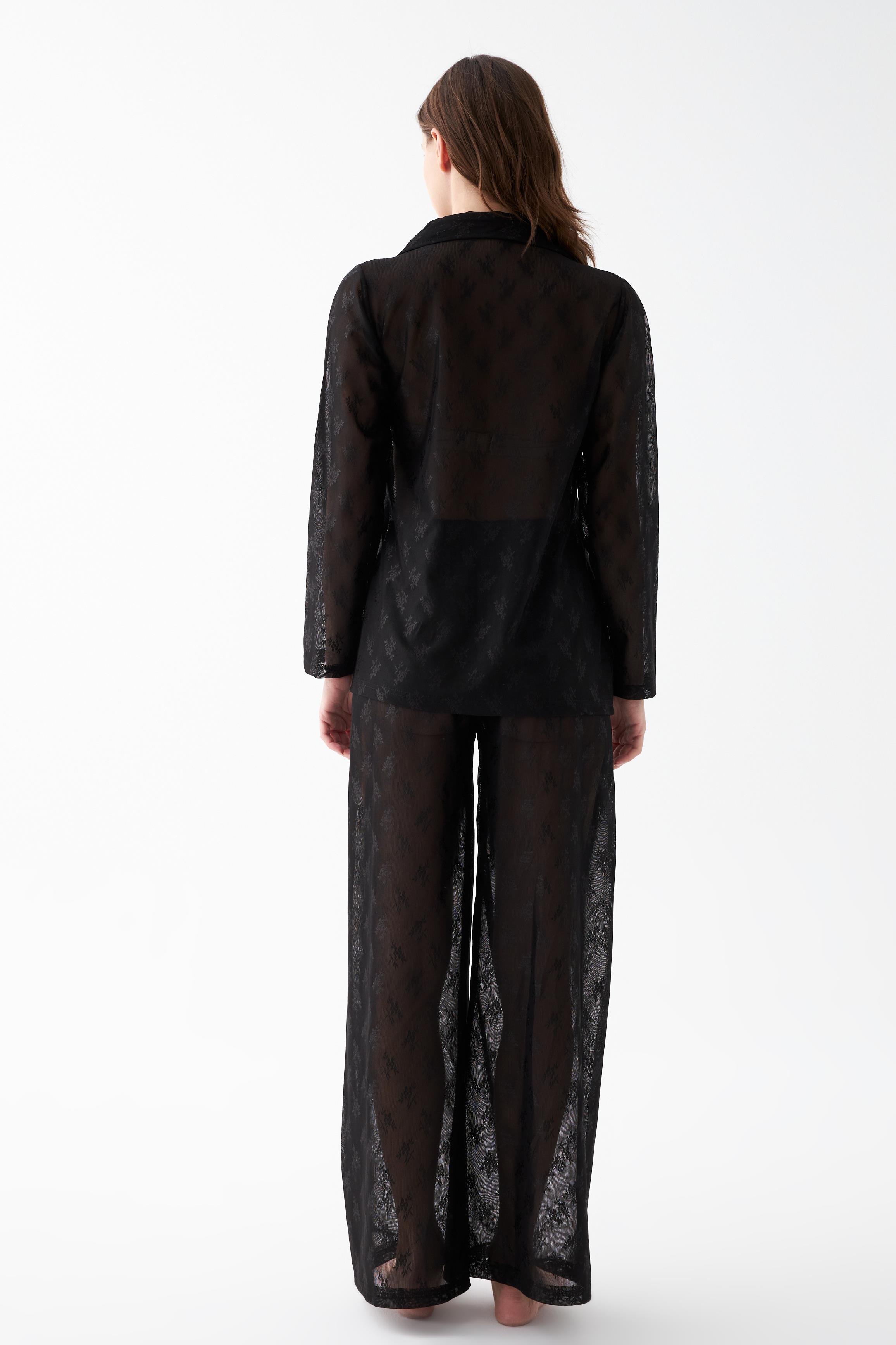 Akbeniz Kadın Siyah Şeffaf Jakar Düğmeli Pijama Takımı