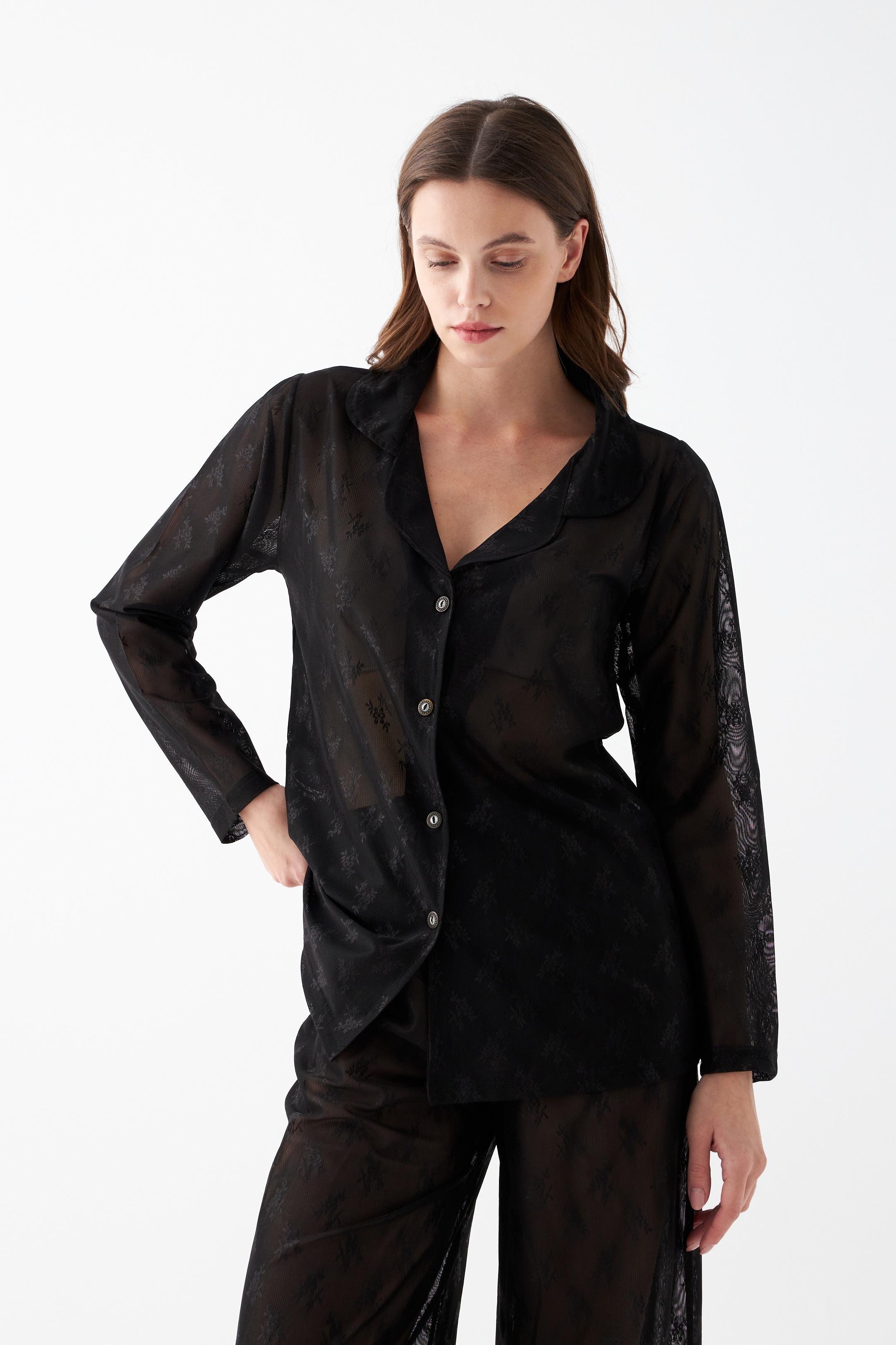 Akbeniz Kadın Siyah Şeffaf Jakar Düğmeli Pijama Takımı