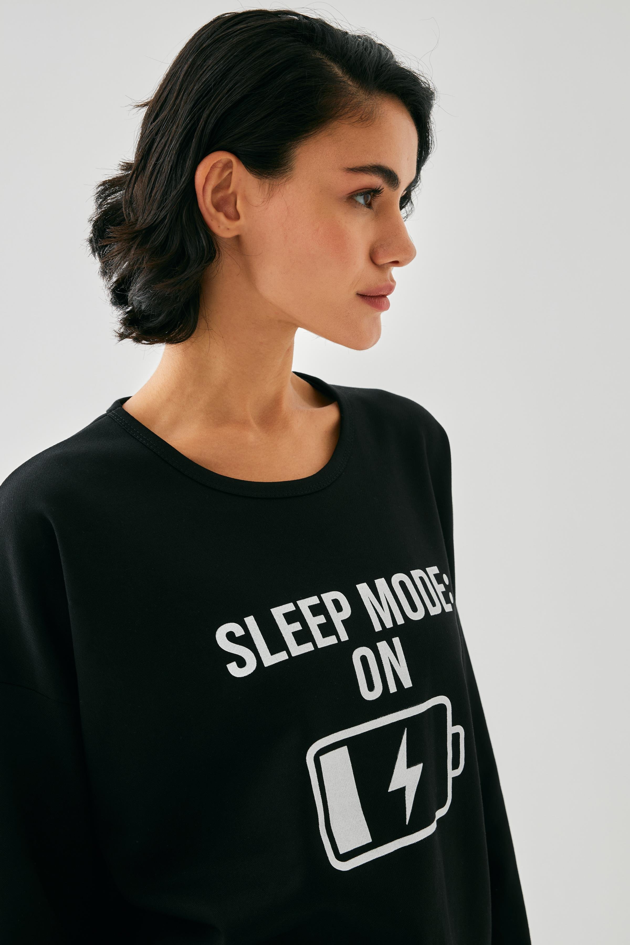 Akbeniz Kadın Siyah Sleep Mode ON Oversize 2 İplik Eşofman Ev Giyim Takımı