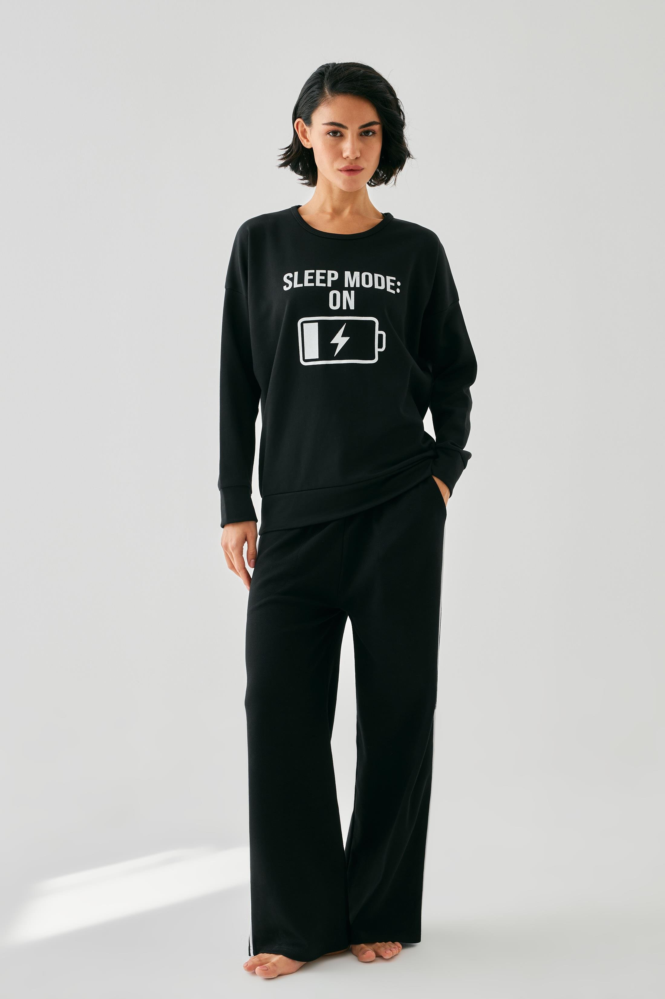 Akbeniz Kadın Siyah Sleep Mode ON Oversize 2 İplik Eşofman Ev Giyim Takımı