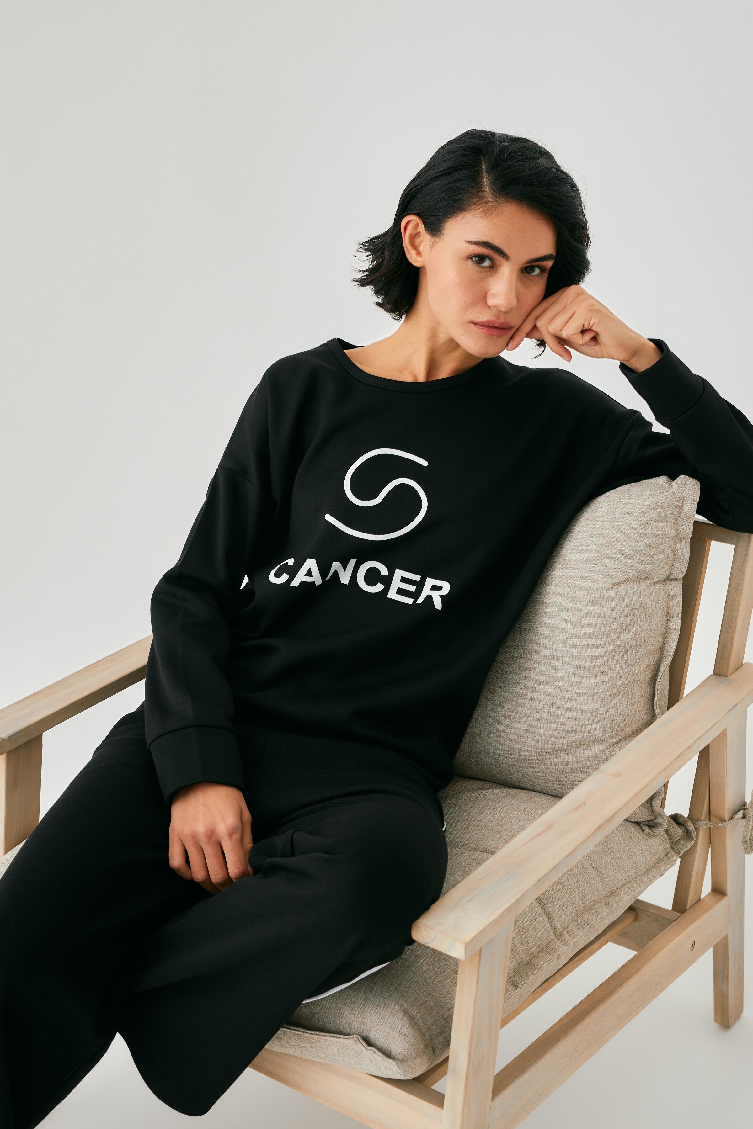 Akbeniz Kadın Siyah Yengeç Burcu Oversize 2 İplik Eşofman Ev Giyim Takımı