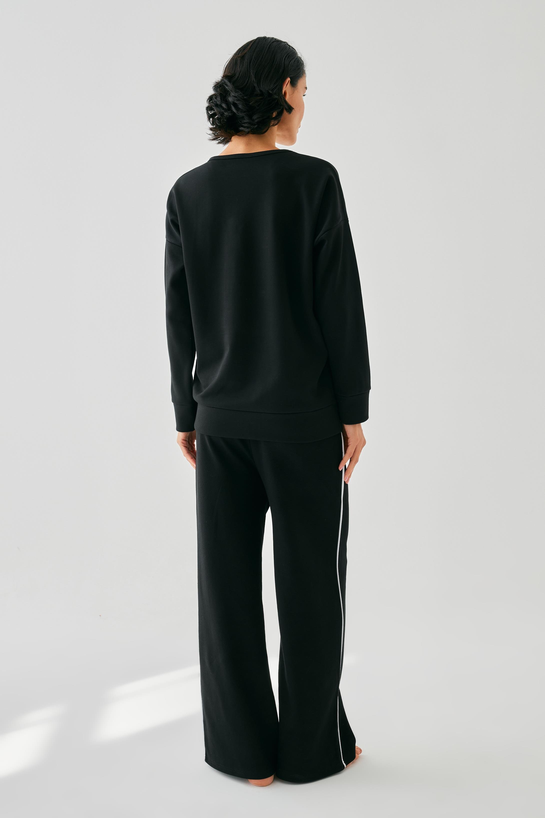 Akbeniz Kadın Siyah Yengeç Burcu Oversize 2 İplik Eşofman Ev Giyim Takımı