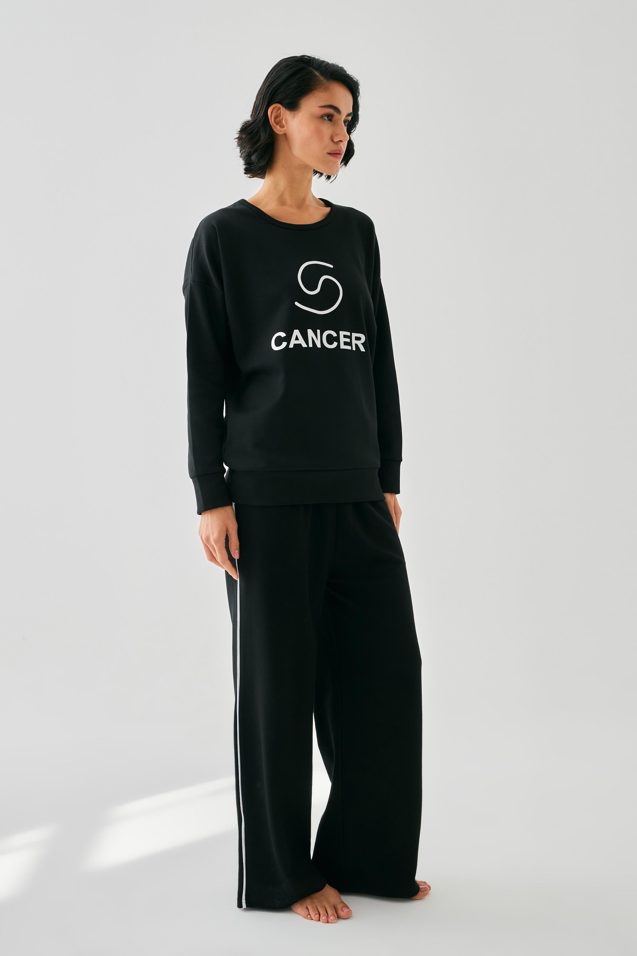 Akbeniz Kadın Siyah Yengeç Burcu Oversize 2 İplik Eşofman Ev Giyim Takımı