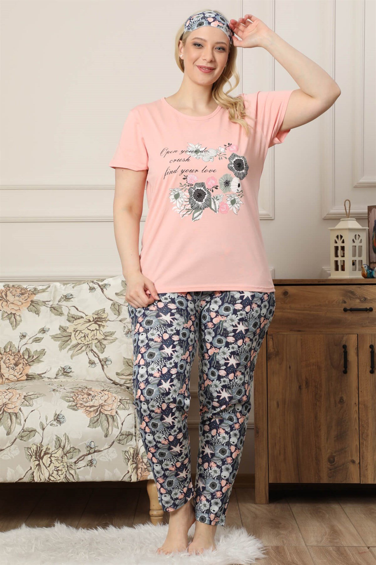 Akbeniz Kadın Somon  Pamuklu Cepli Kısa Kol Büyük Beden Pijama Takım 202034