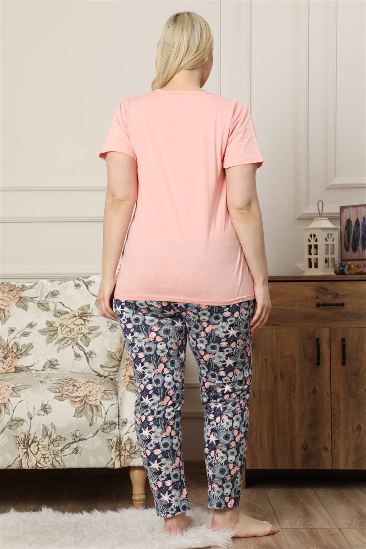 Akbeniz Kadın Somon  Pamuklu Cepli Kısa Kol Büyük Beden Pijama Takım 202034