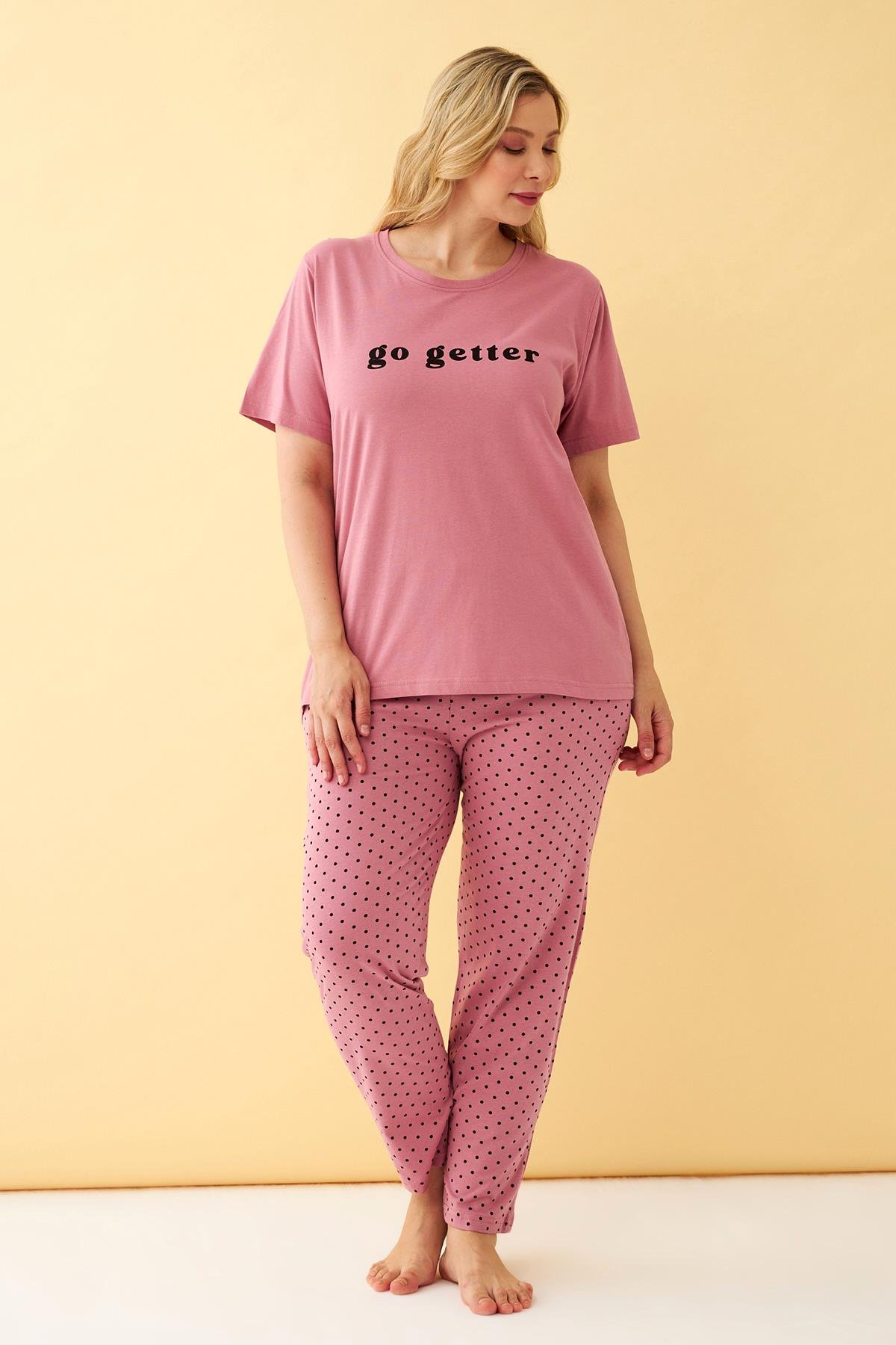 Akbeniz Kadın Somon Go Getter Yazılı Büyük Beden Pijama Takımı