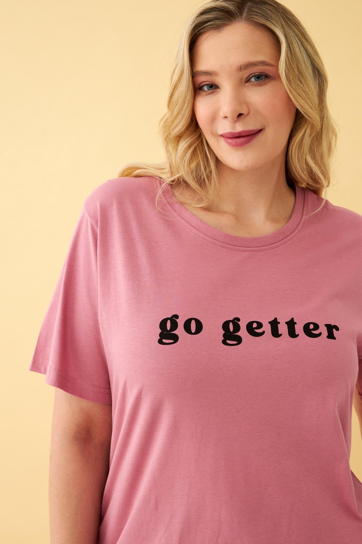 Akbeniz Kadın Somon Go Getter Yazılı Büyük Beden Pijama Takımı