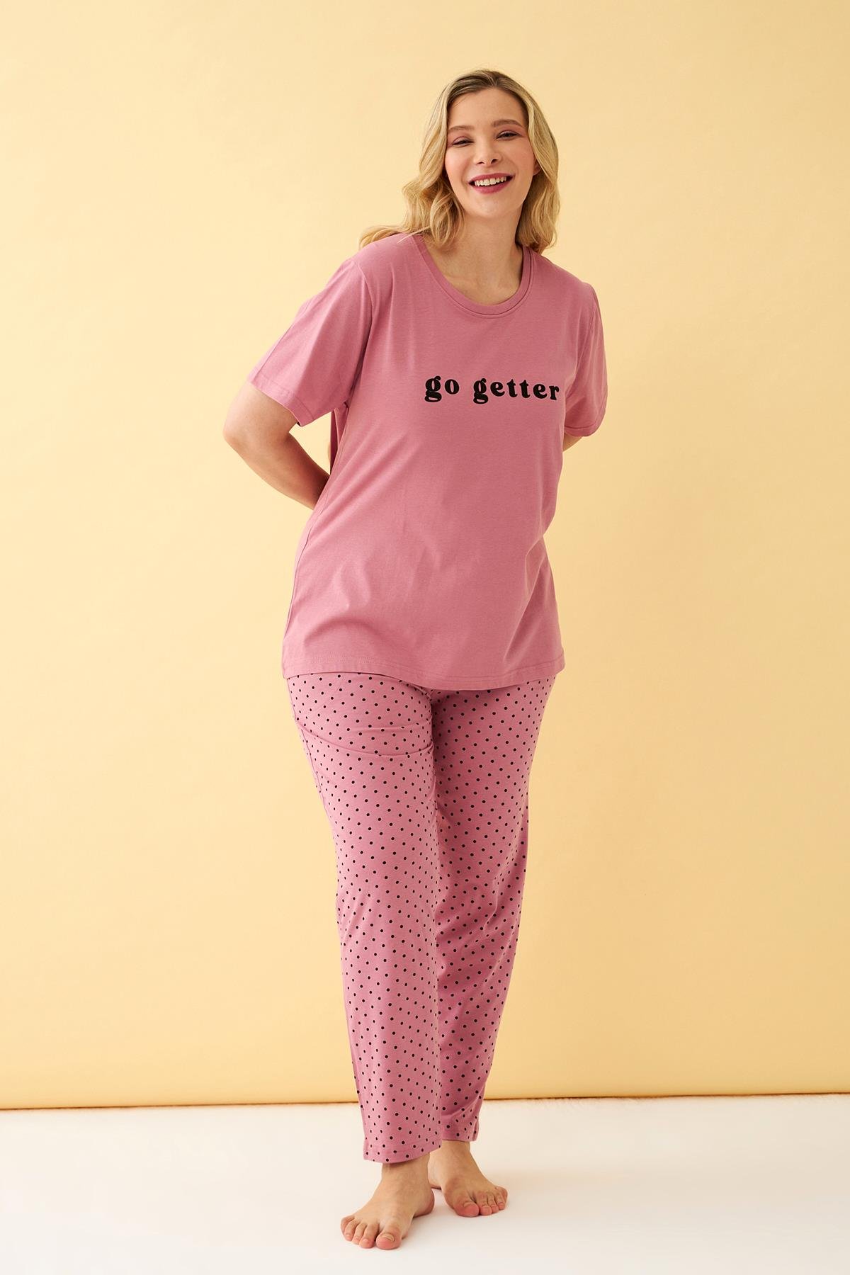 Akbeniz Kadın Somon Go Getter Yazılı Büyük Beden Pijama Takımı