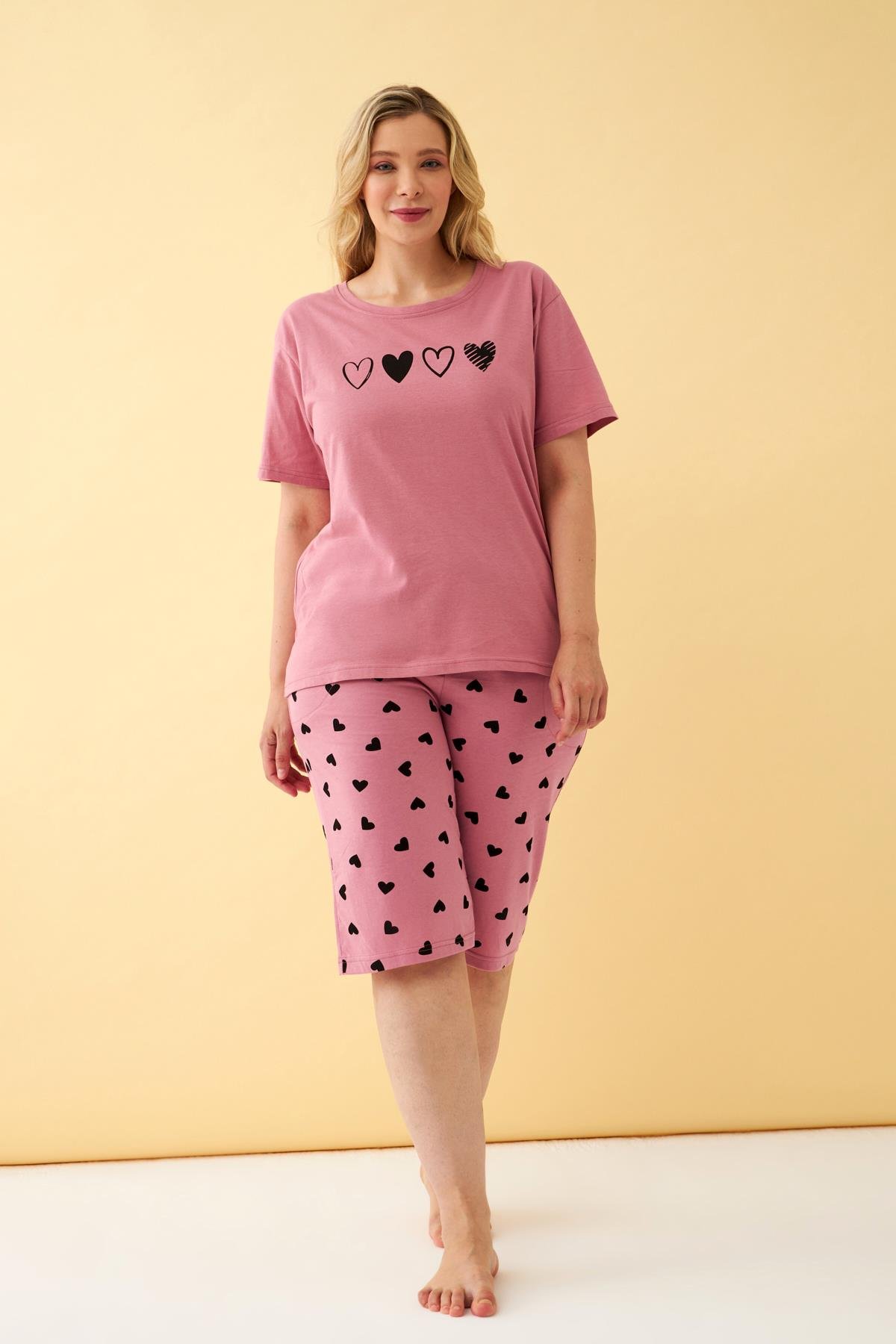 Akbeniz Kadın Somon Kalp Desenli Büyük Beden Kapri Pijama Takımı