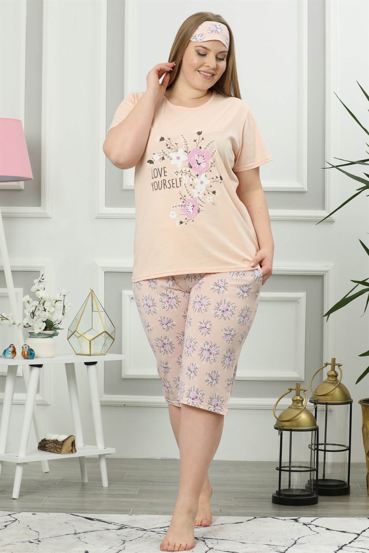 Akbeniz Kadın Somon Pamuklu Cepli Kısa Kol Büyük Beden Kapri Pijama Takım 202025