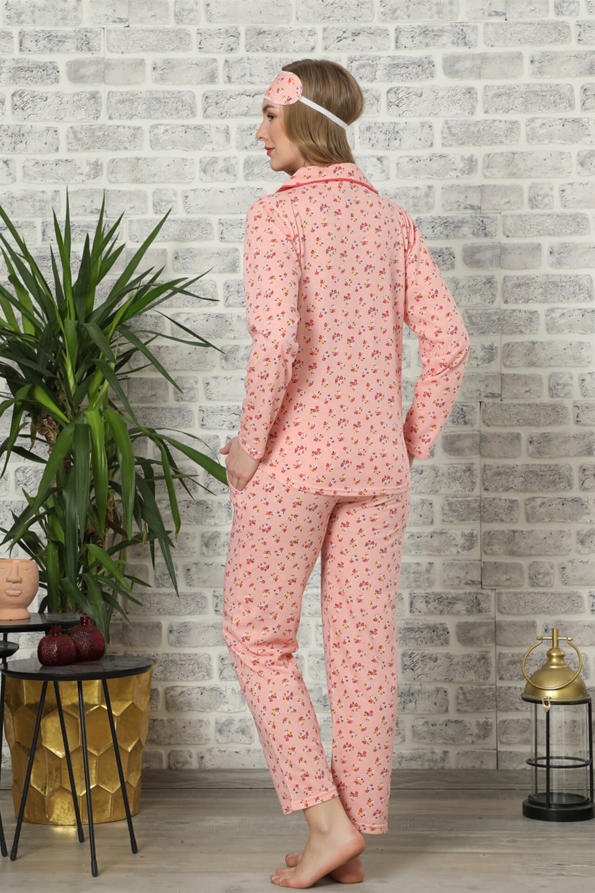 Akbeniz Kadın Somon Pamuklu Düğmeli Cepli Uzun Kol Pijama Takım 2471