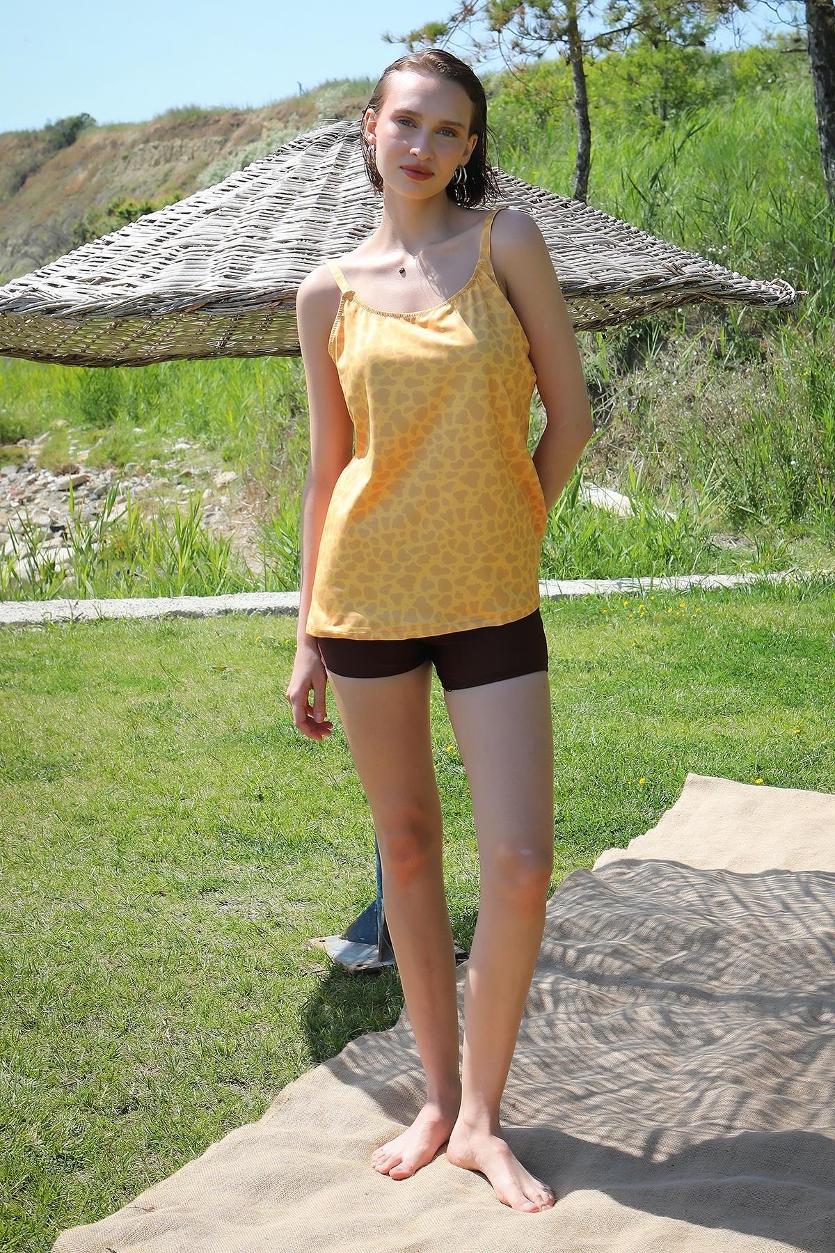 Akbeniz Kadın Şortlu Tankini Elbise Mayo Sarı 36001