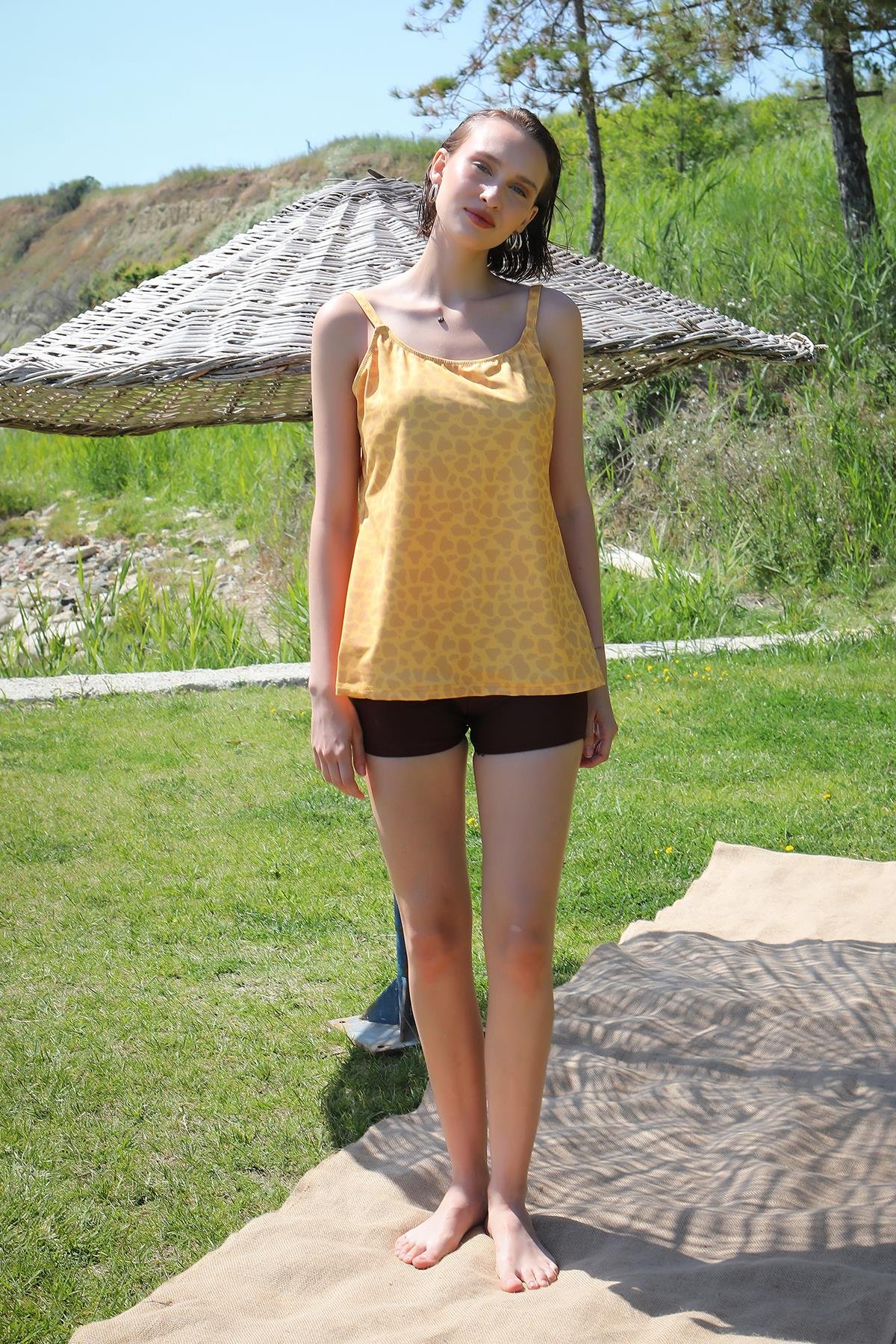 Akbeniz Kadın Şortlu Tankini Elbise Mayo Sarı 36001