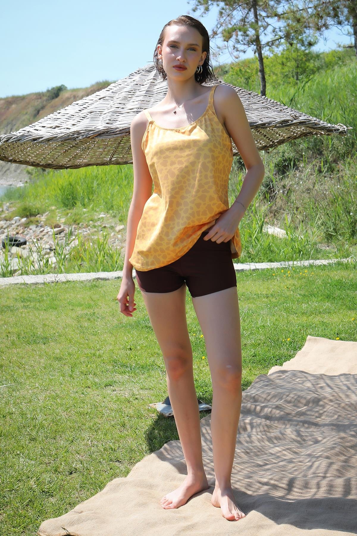 Akbeniz Kadın Şortlu Tankini Elbise Mayo Sarı 36001