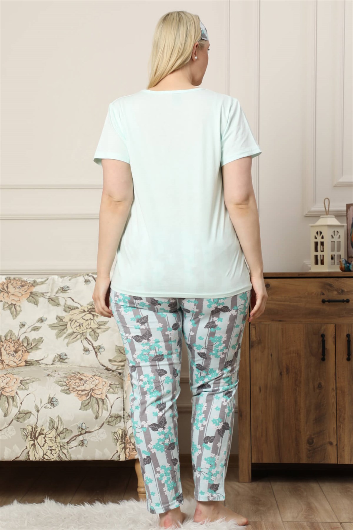 Akbeniz Kadın Su Yeşili Pamuklu Cepli Kısa Kol Büyük Beden Pijama Takım 202036