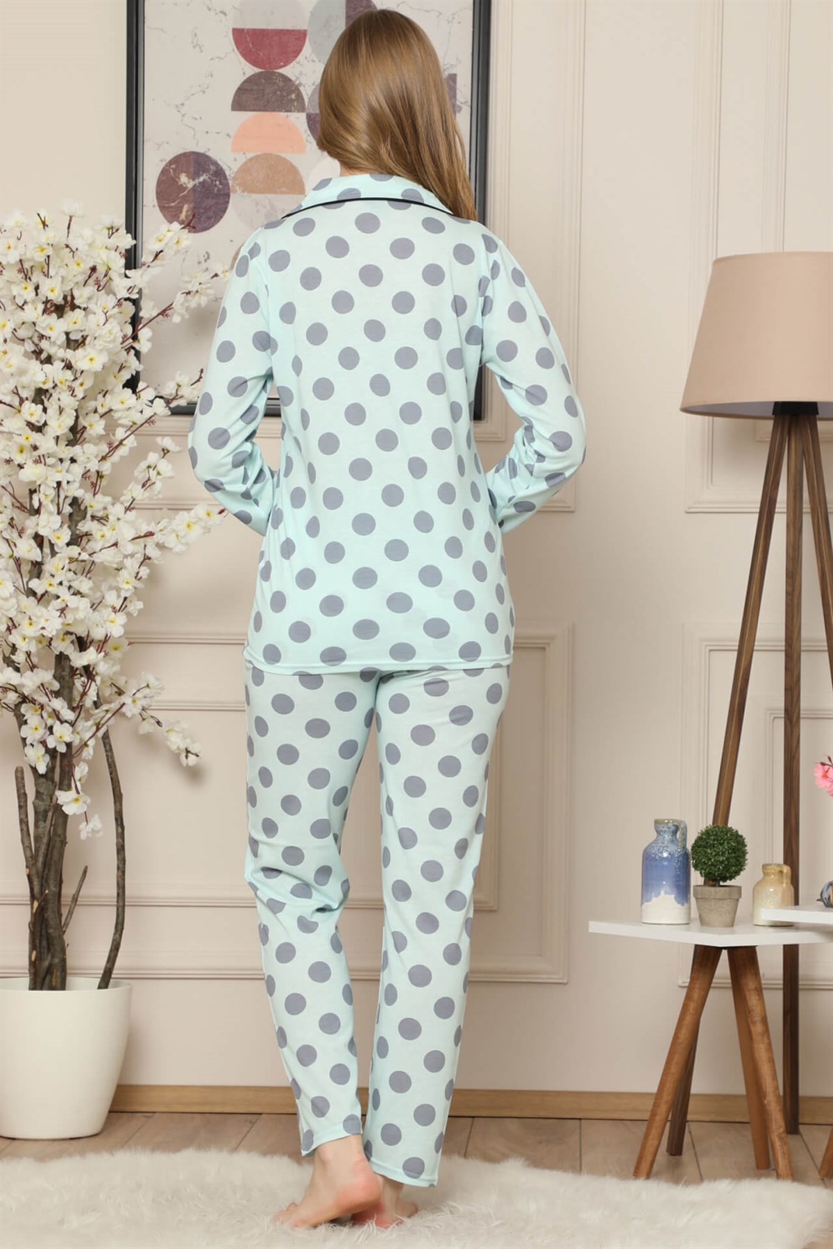 Akbeniz Kadın Su Yeşili Pamuklu Düğmeli Cepli Uzun Kol Pijama Takım 2473