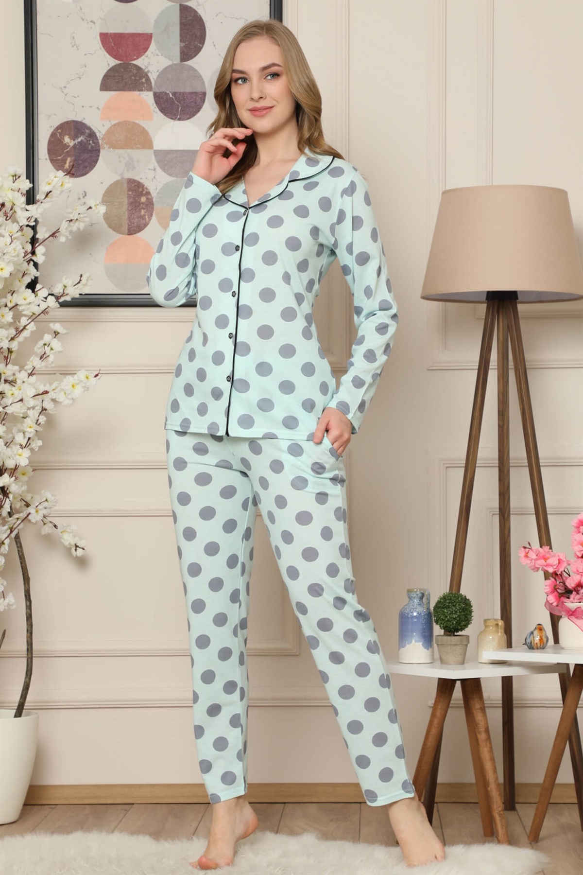 Akbeniz Kadın Su Yeşili Pamuklu Düğmeli Cepli Uzun Kol Pijama Takım 2473