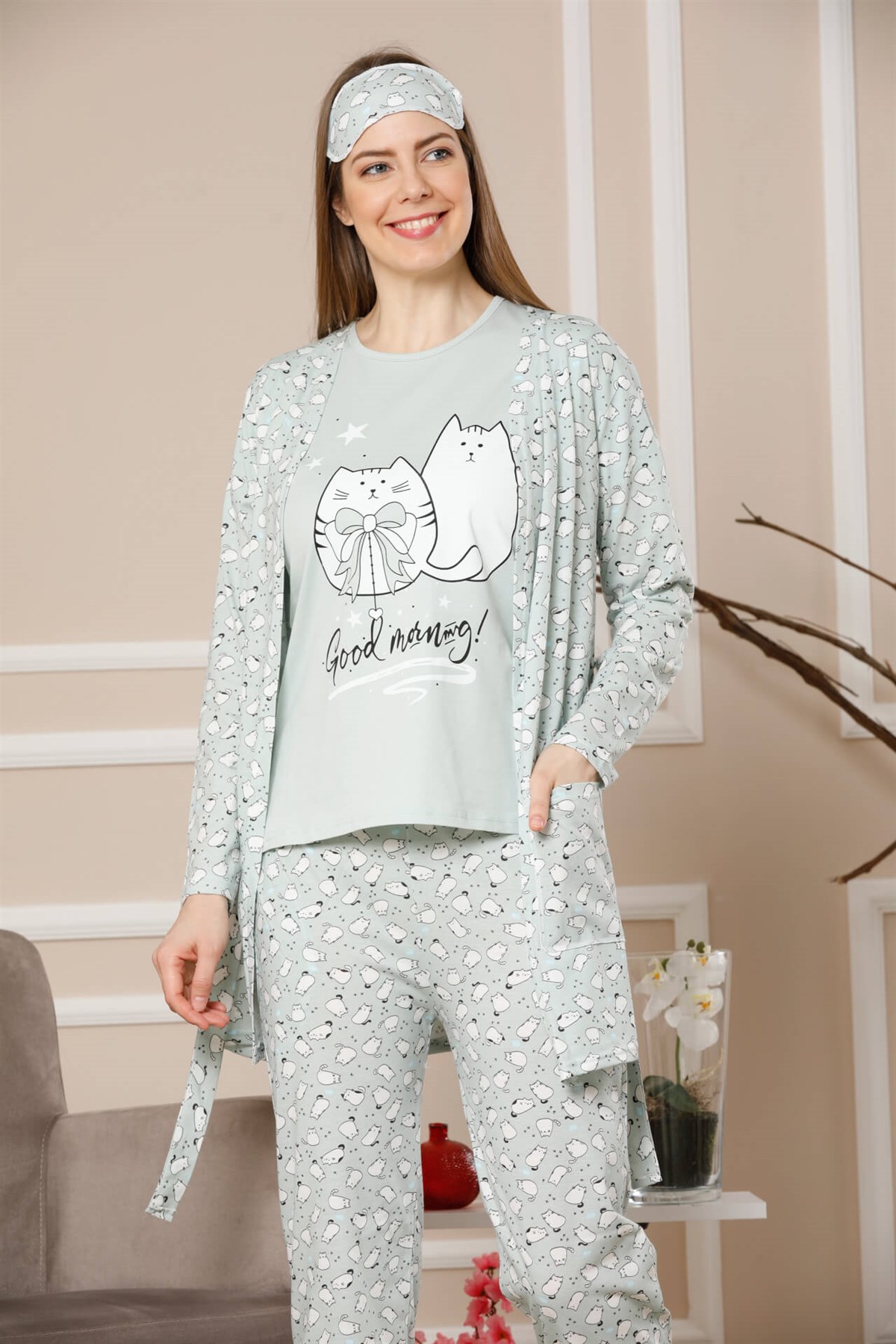 Akbeniz Kadın Su Yeşili Renk Pamuklu Cepli 3'lü Pijama Takım 1113