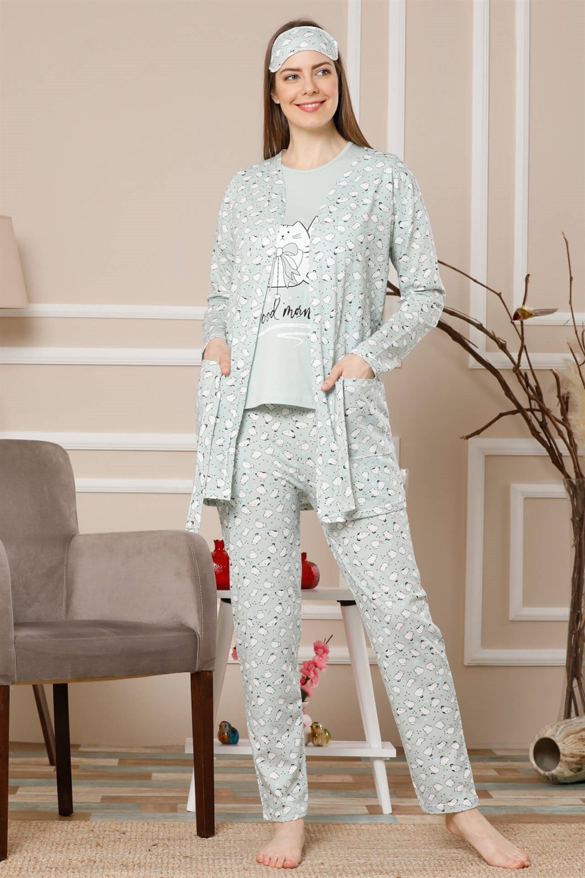 Akbeniz Kadın Su Yeşili Renk Pamuklu Cepli 3'lü Pijama Takım 1113