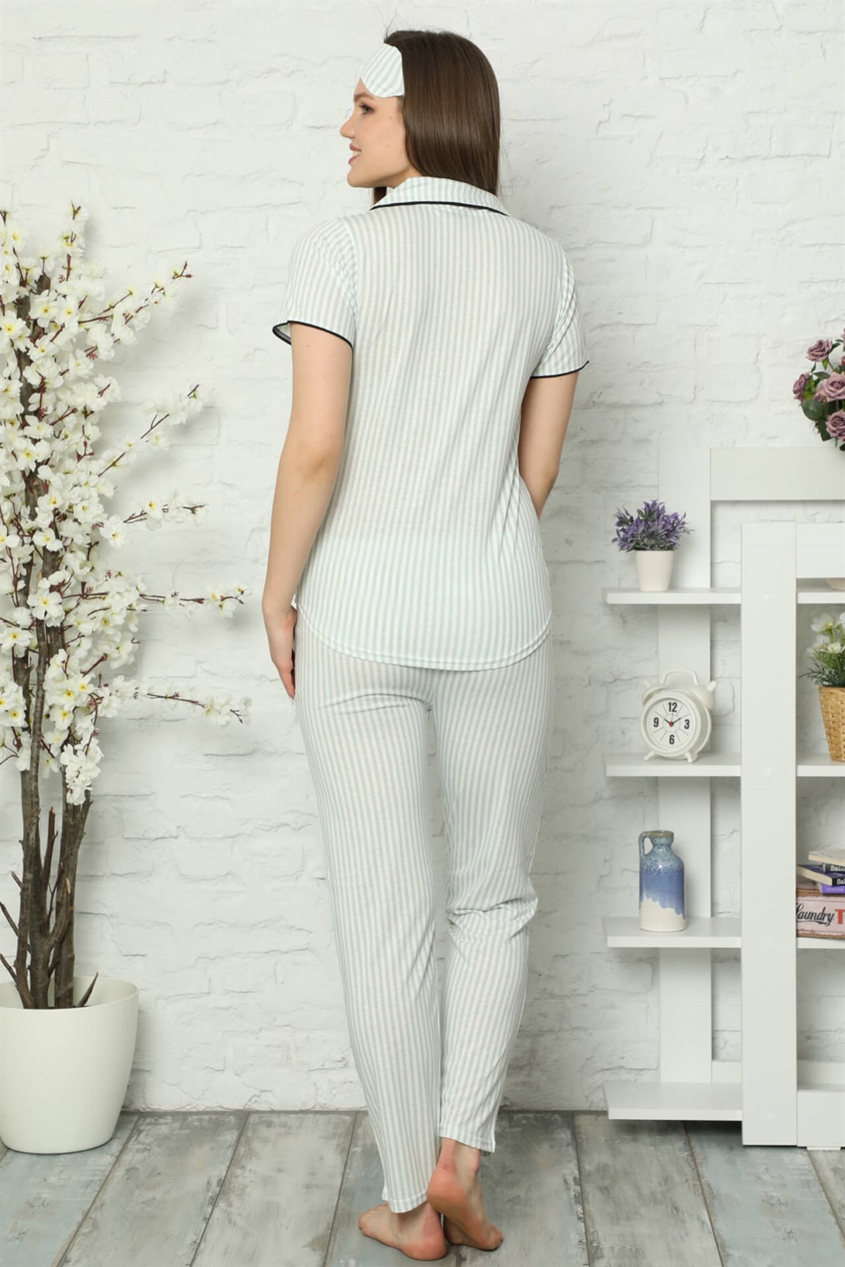Akbeniz Kadın Su Yeşili Renk Pamuklu Cepli Kısa Kol Pijama Takım 2538