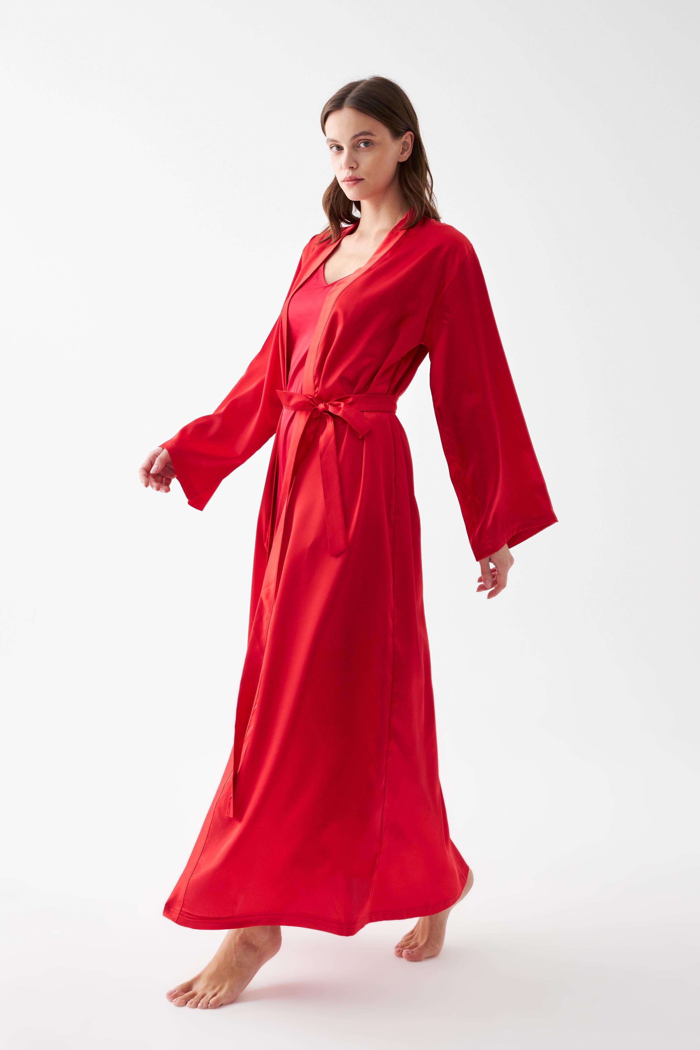 Akbeniz Kadın Uzun Kırmızı Saten Sabahlık
