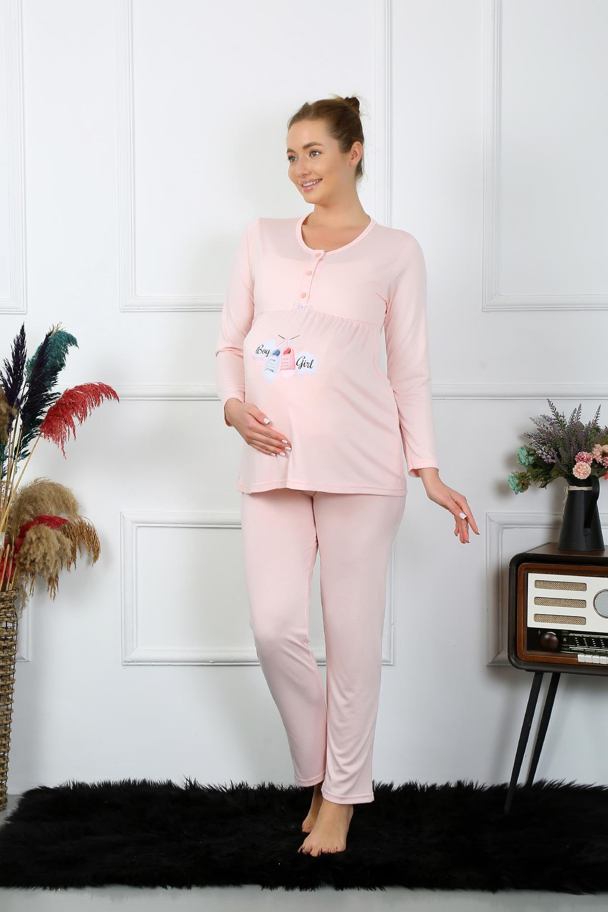 Akbeniz Kadın Uzun Kol Hamile Lohusa Pijama Takımı Pudra 45501