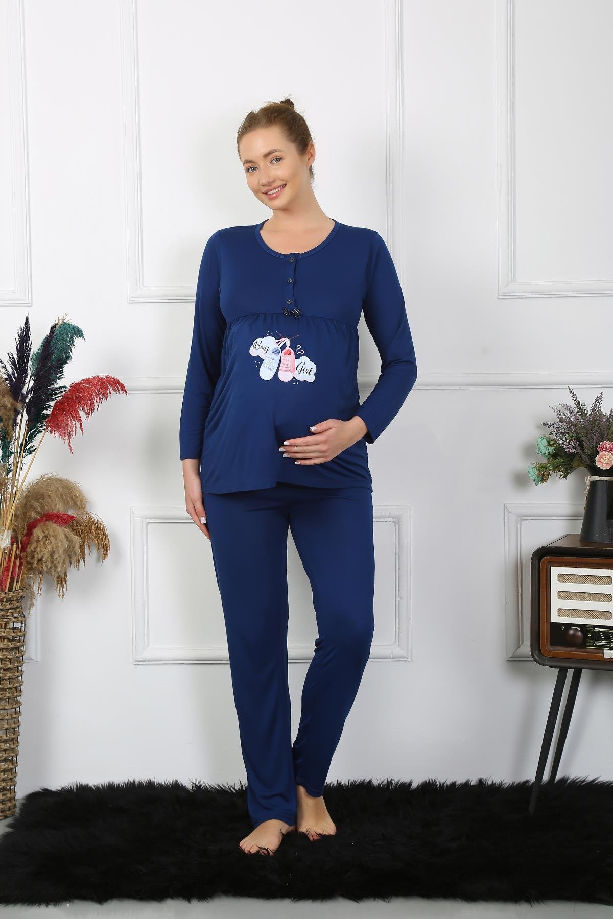 Akbeniz Kadın Uzun Kol Hamile Lohusa Pijama Takımı Lacivert 45501