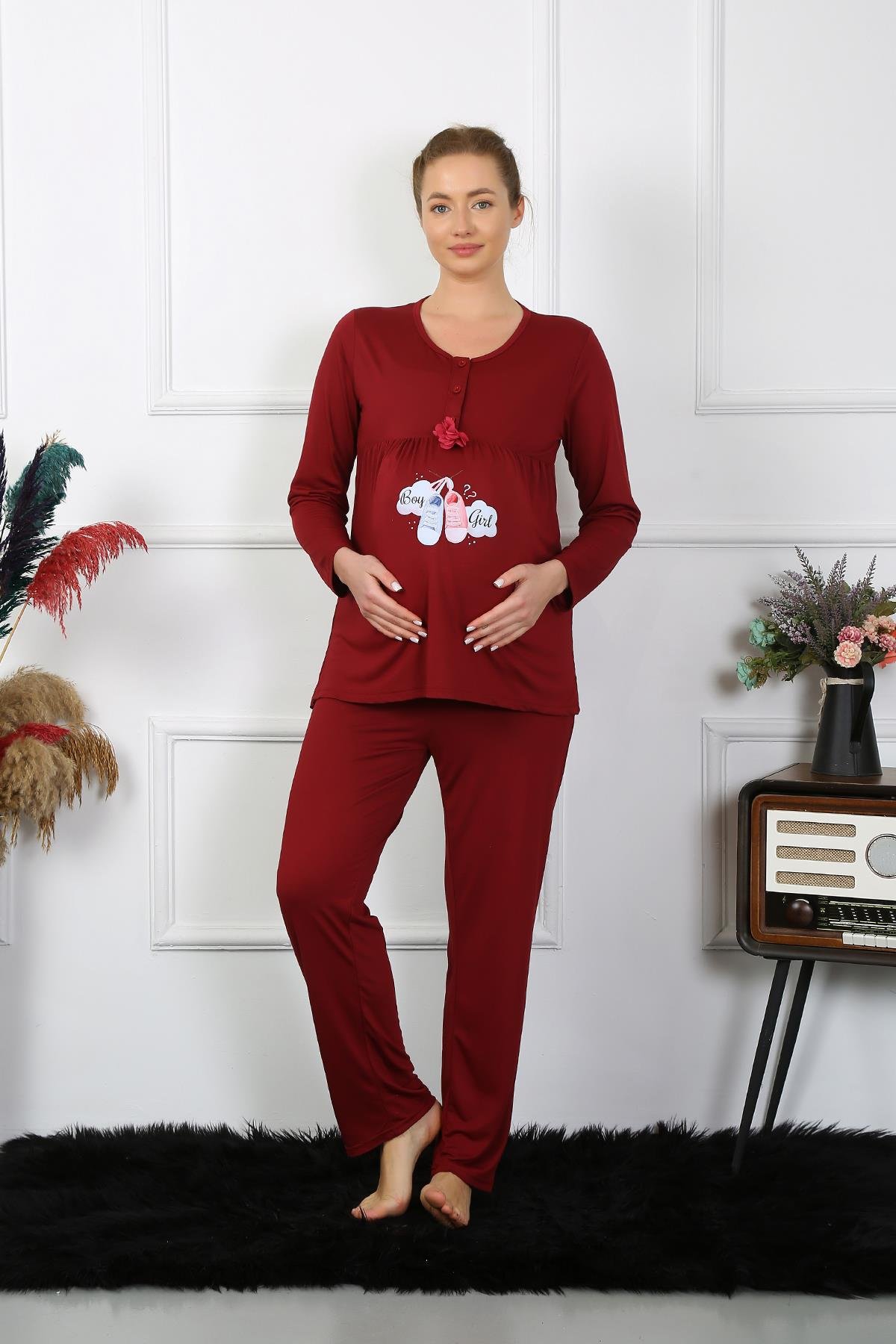 Akbeniz Kadın Uzun Kol Hamile Lohusa Pijama Takımı Bordo 45501