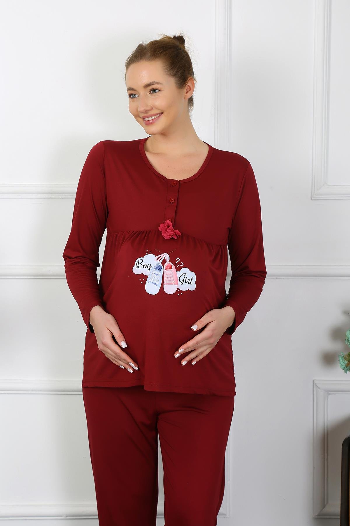 Akbeniz Kadın Uzun Kol Hamile Lohusa Pijama Takımı Bordo 45501