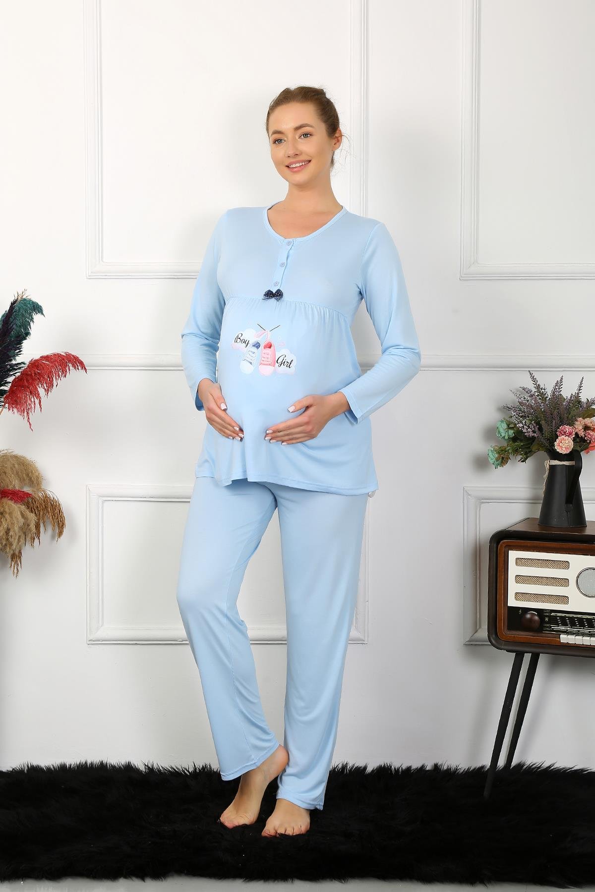 Akbeniz Kadın Uzun Kol Hamile Lohusa Pijama Takımı Mavi 45501