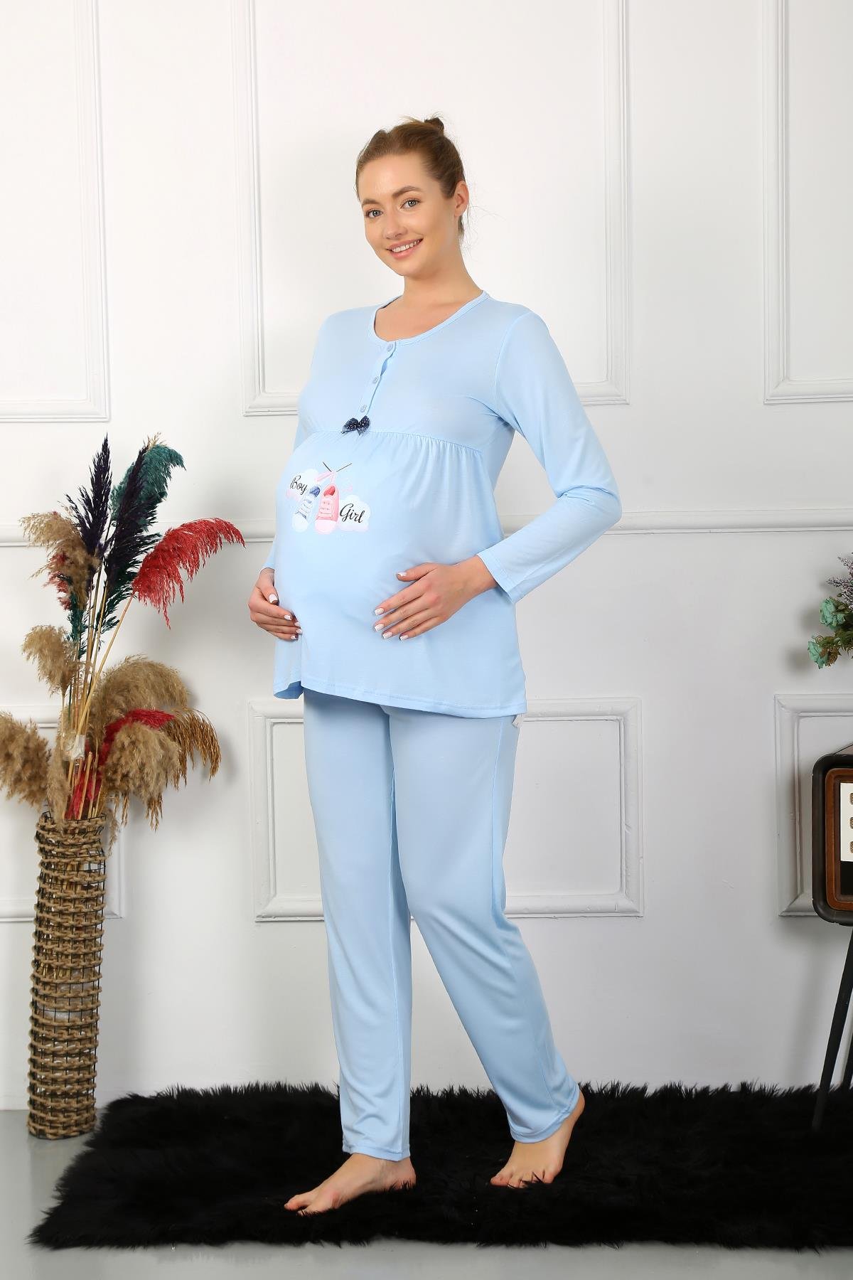 Akbeniz Kadın Uzun Kol Hamile Lohusa Pijama Takımı Mavi 45501