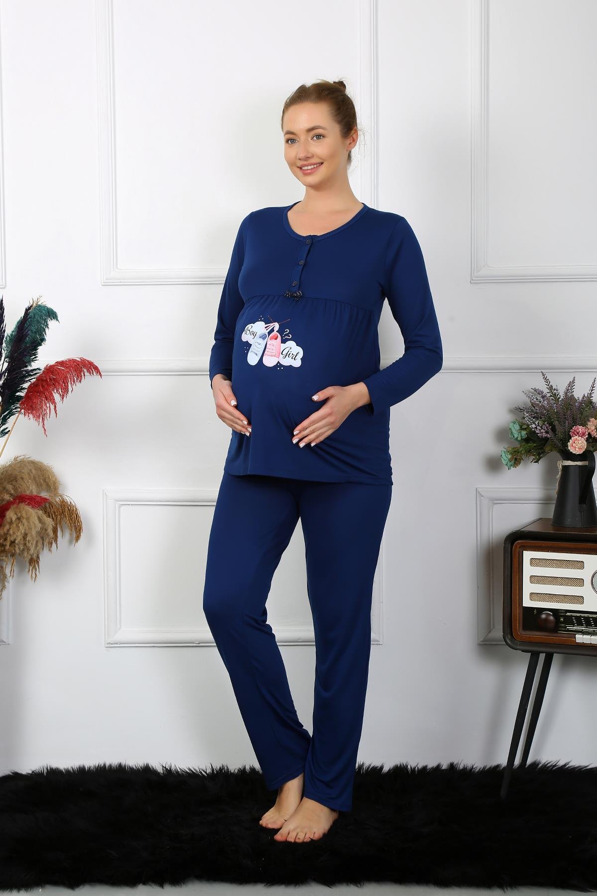 Akbeniz Kadın Uzun Kol Hamile Lohusa Pijama Takımı Lacivert 45501
