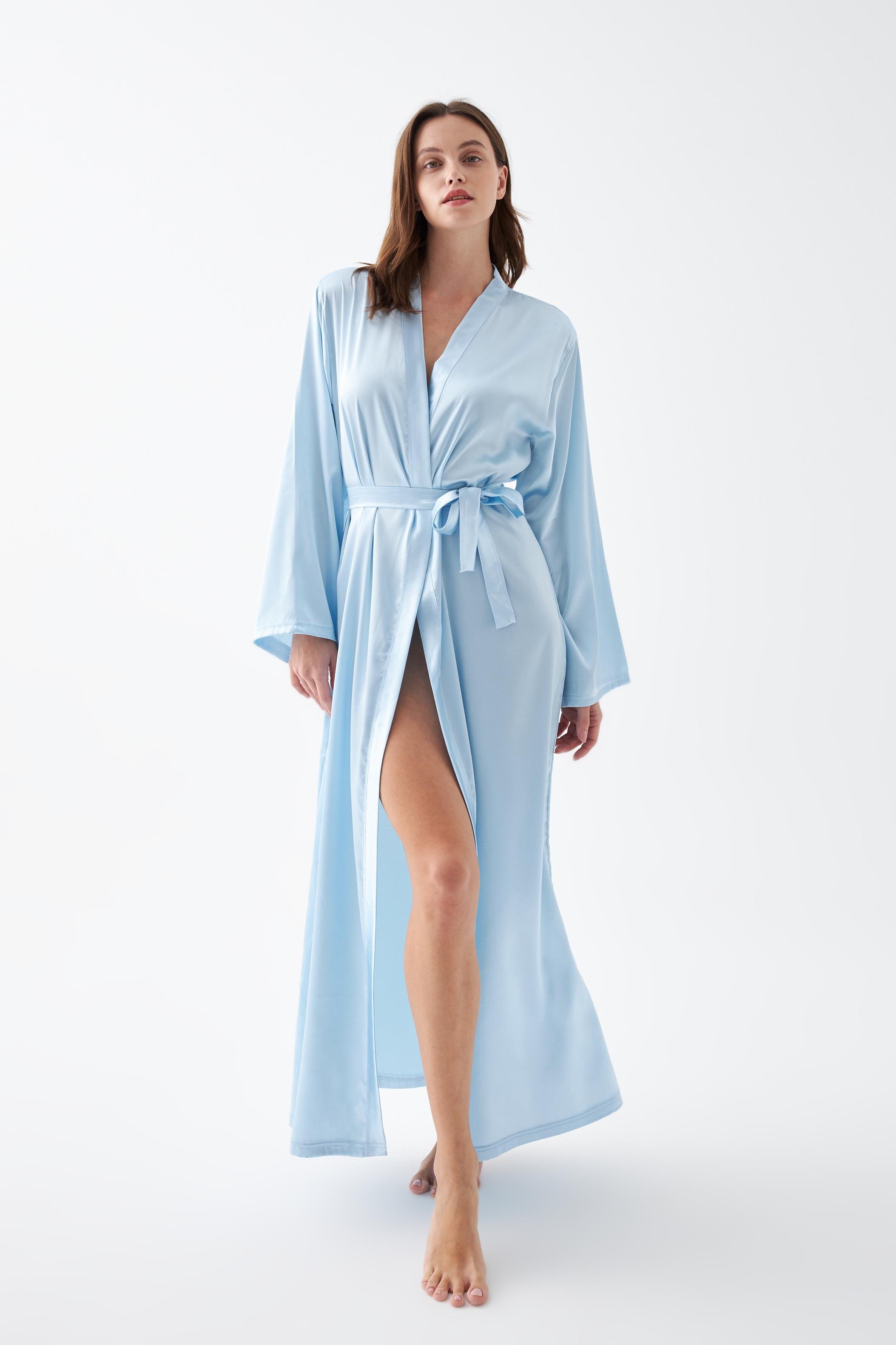 Akbeniz Kadın Uzun Mavi Saten Sabahlık