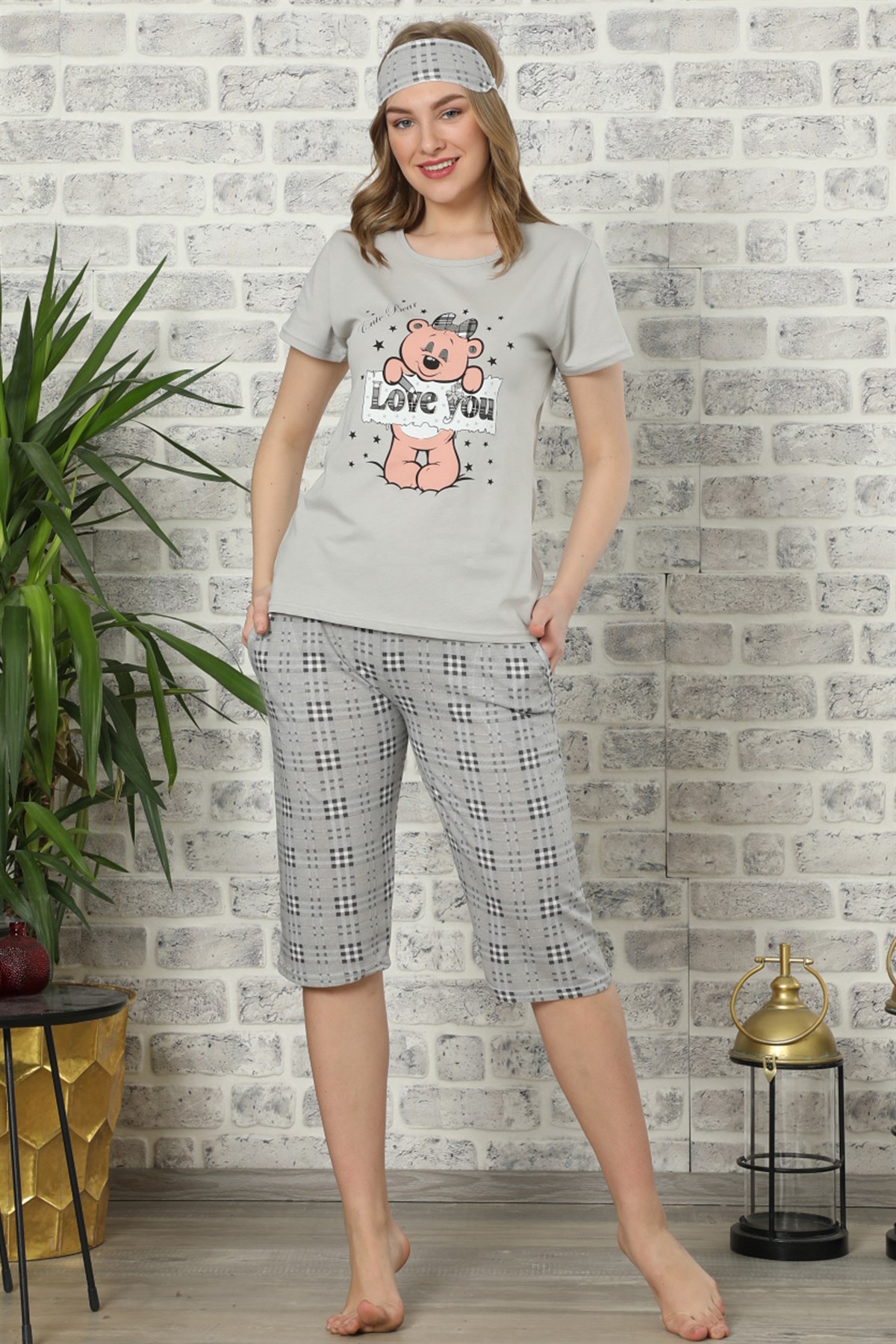 Akbeniz Kadın Vizon Pamuklu Cepli Kapri Pijama Takım 3501