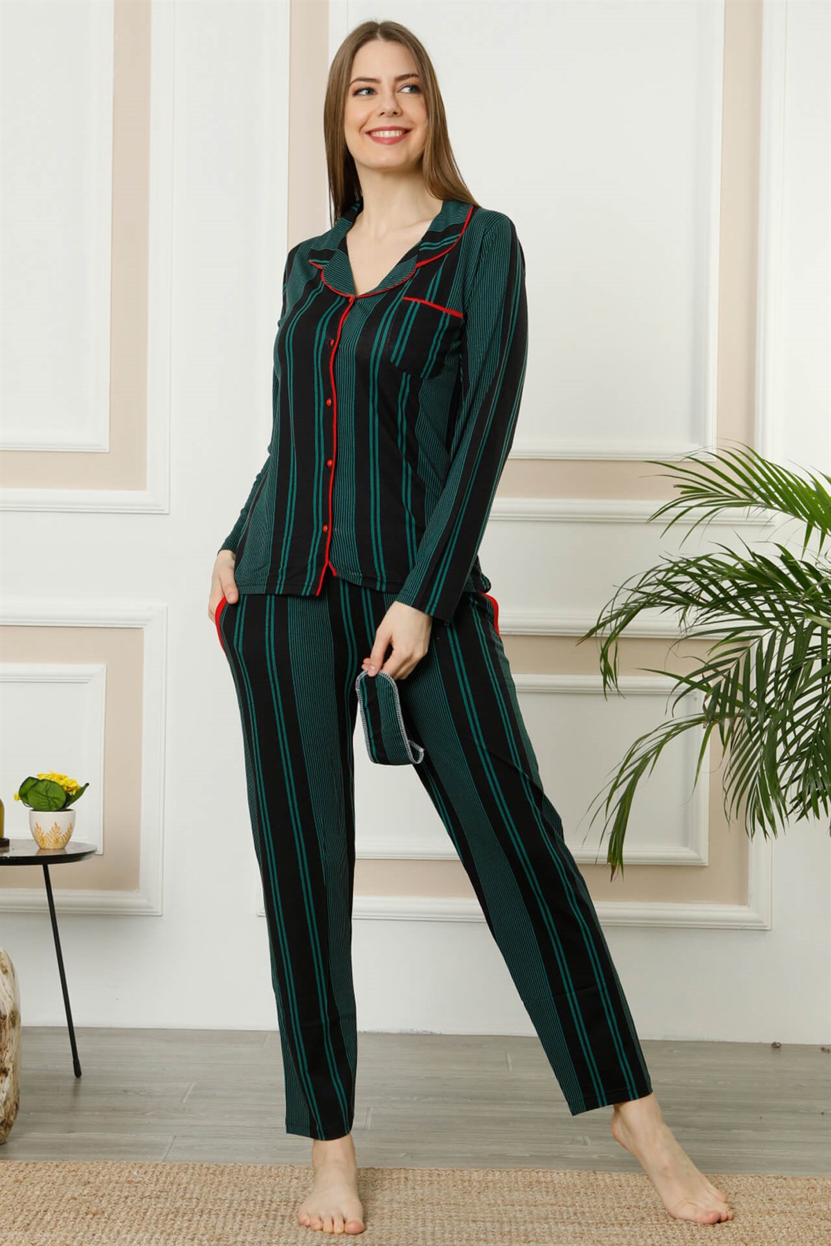 Akbeniz Kadın Yeşil Siyah Pamuklu Düğmeli Cepli Uzun Kol Pijama Takım 2464