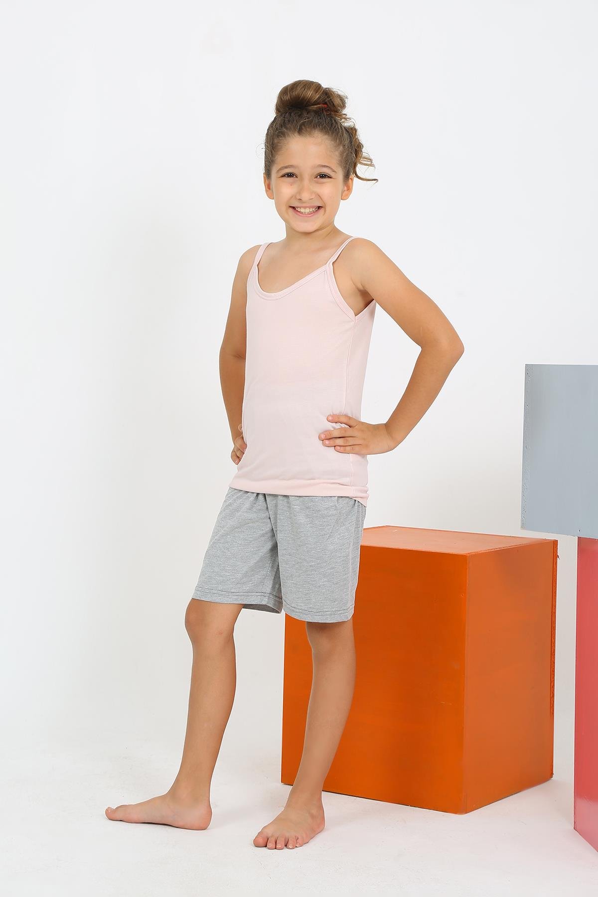 Akbeniz Kız Çocuk İp Askılı Şortlu Pembe Pijama Takım 20430