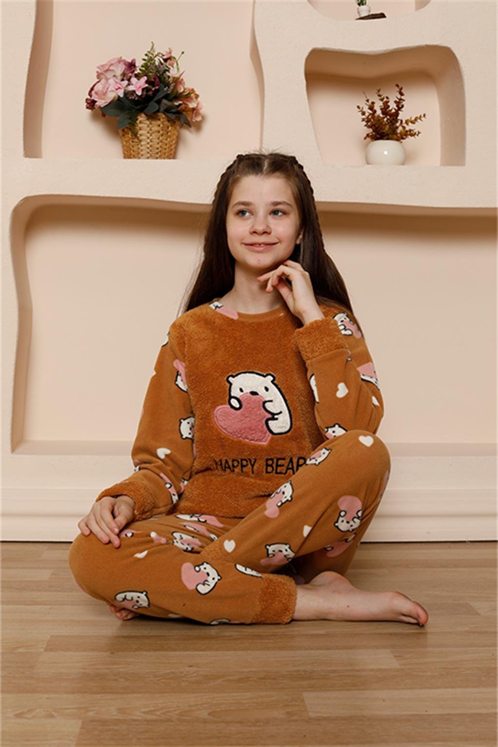 Akbeniz Kız Çocuk WelSoft Polar Sütlü Kahve Pijama Takımı 20523