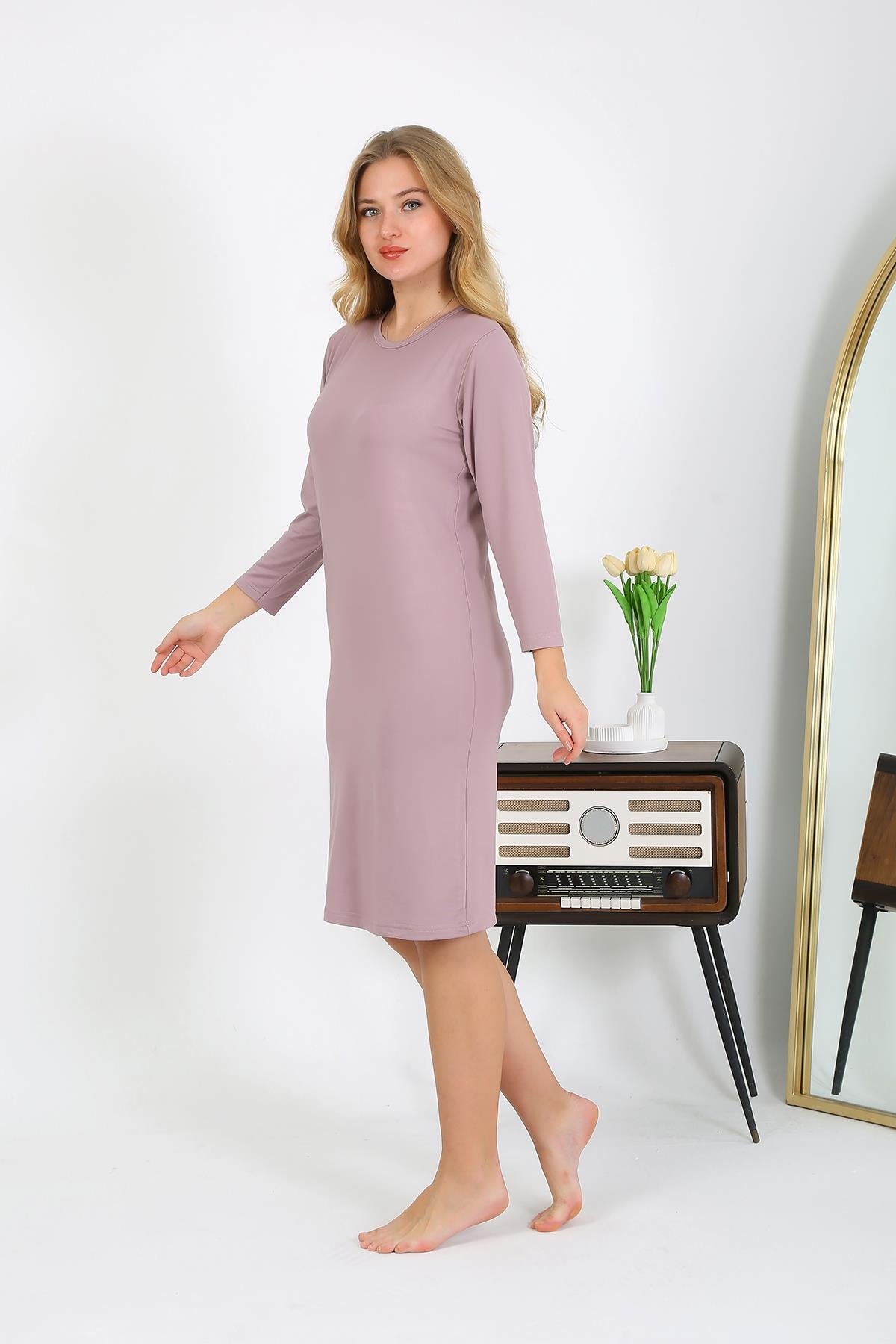 Akbeniz Pamuk Ev Elbisesi Tunik Gecelik Pudra 13132