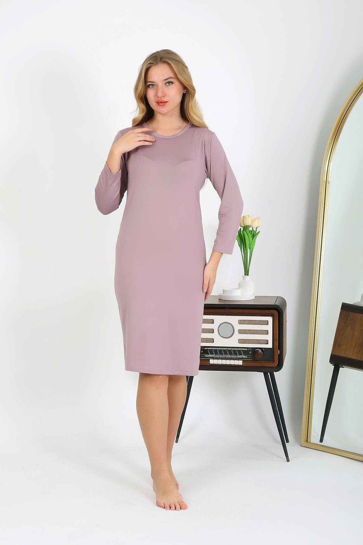 Akbeniz Pamuk Ev Elbisesi Tunik Gecelik Pudra 13132